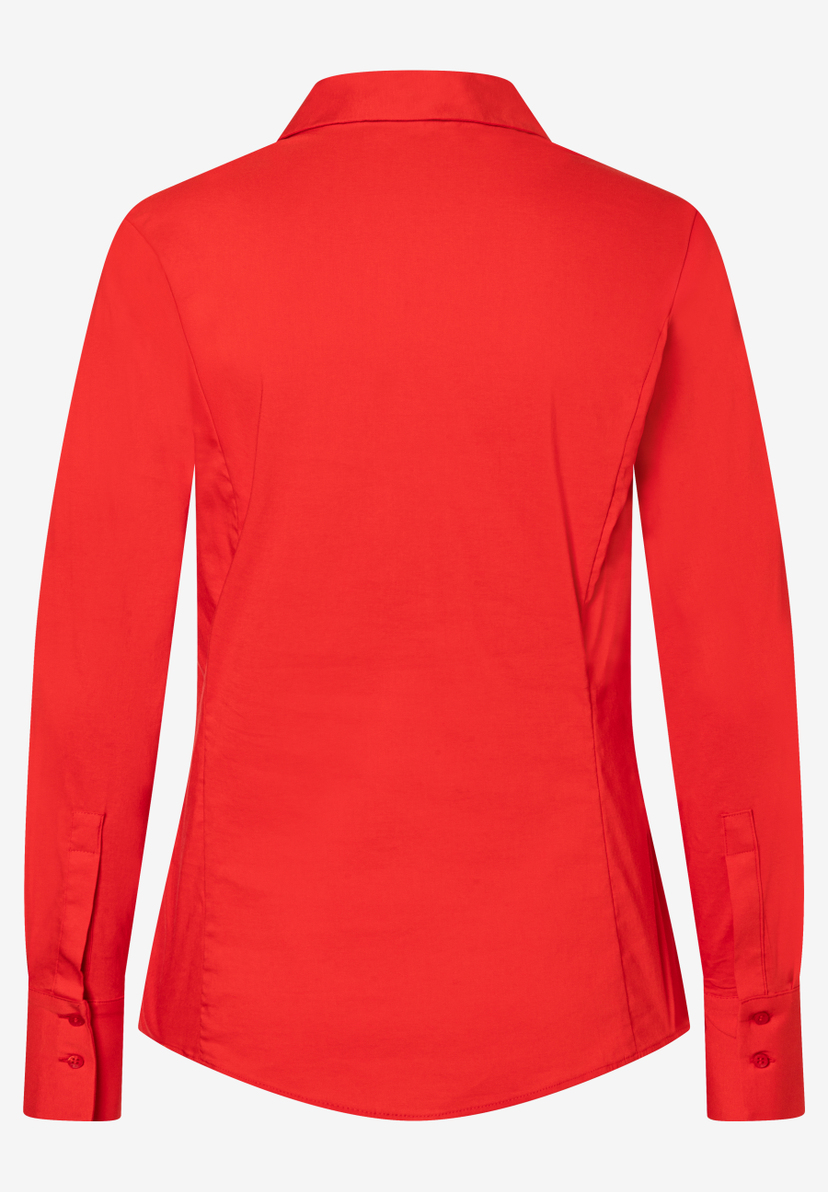 Rote MORE & MORE Bluse aus Popeline mit langen Ärmeln, Manschetten und Kragen, Rückansicht. Rote MORE & MORE Bluse aus Popeline mit langen Ärmeln, Manschetten und Kragen, Rückansicht.