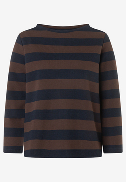 MORE & MORE T-Shirt in Dunkelblau und Braun mit Querstreifen, Langarm und Rundhalsausschnitt.