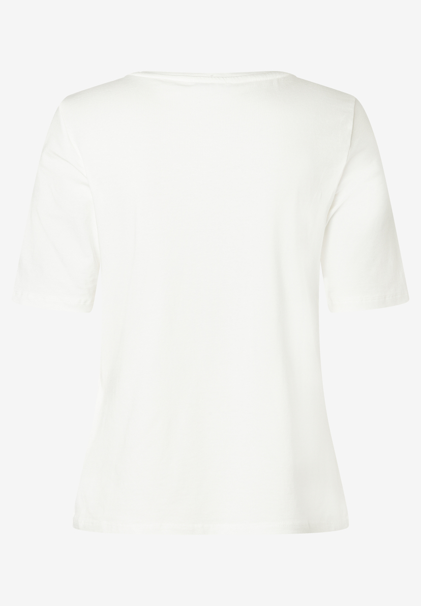 Rückansicht eines weißen MORE & MORE T-Shirts mit Jersey-Stoff und bequemer, elastischer Passform. Rückansicht eines weißen MORE & MORE T-Shirts mit Jersey-Stoff und bequemer, elastischer Passform.