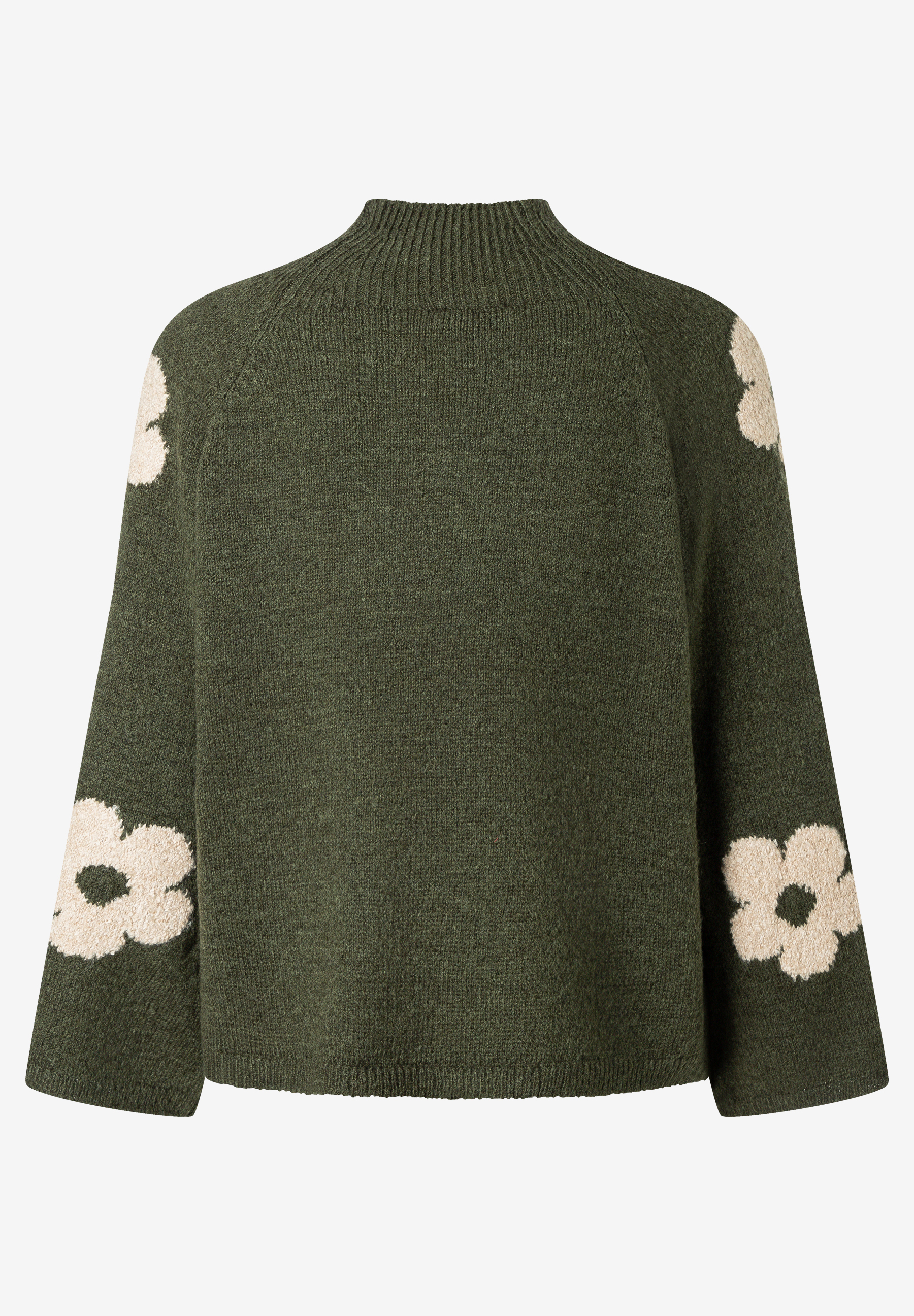 MORE & MORE Damen-Pullover in Khaki, Rückansicht. Langärmliger Strickpullover mit beigen Blumenmotiven an den Ärmeln.