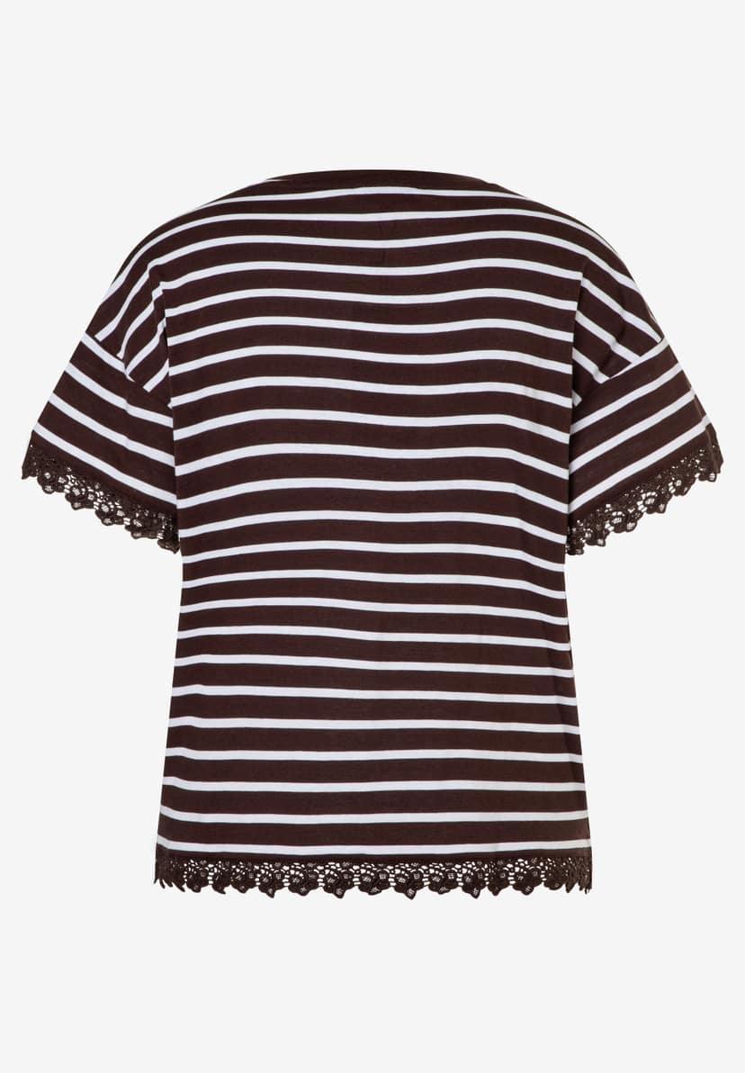 MORE & MORE Damen T-Shirt aus elastischem Jersey. Braun-weiß gestreift mit Häkelspitze an Ärmeln und Saum. MORE & MORE Damen T-Shirt aus elastischem Jersey. Braun-weiß gestreift mit Häkelspitze an Ärmeln und Saum.