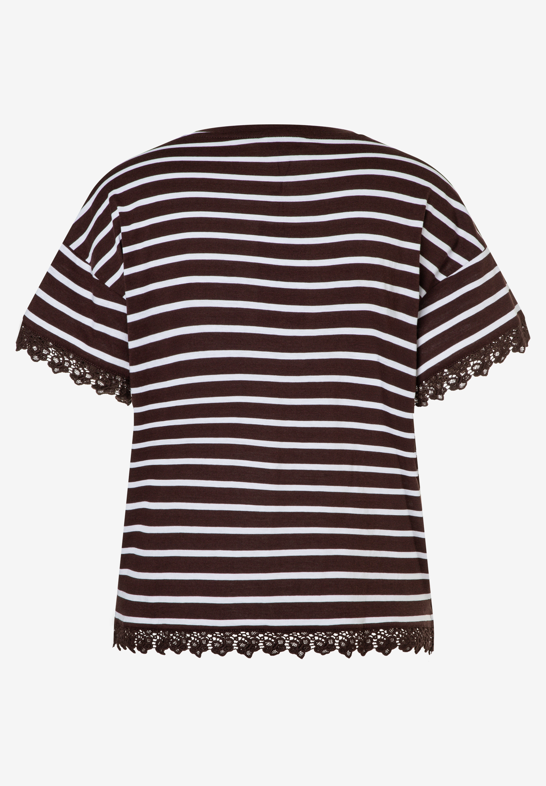 MORE & MORE Damen T-Shirt aus elastischem Jersey. Braun-weiß gestreift mit Häkelspitze an Ärmeln und Saum. MORE & MORE Damen T-Shirt aus elastischem Jersey. Braun-weiß gestreift mit Häkelspitze an Ärmeln und Saum.