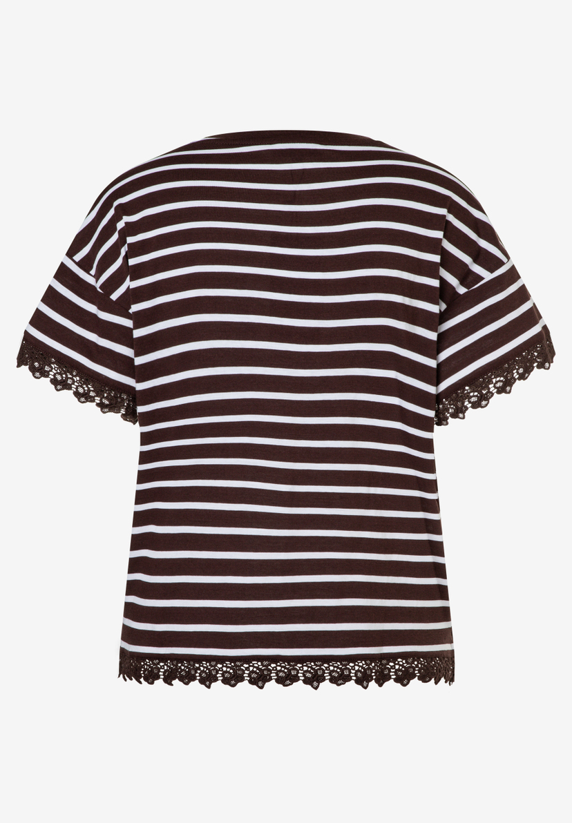MORE & MORE Damen T-Shirt aus elastischem Jersey. Braun-weiß gestreift mit Häkelspitze an Ärmeln und Saum. MORE & MORE Damen T-Shirt aus elastischem Jersey. Braun-weiß gestreift mit Häkelspitze an Ärmeln und Saum.