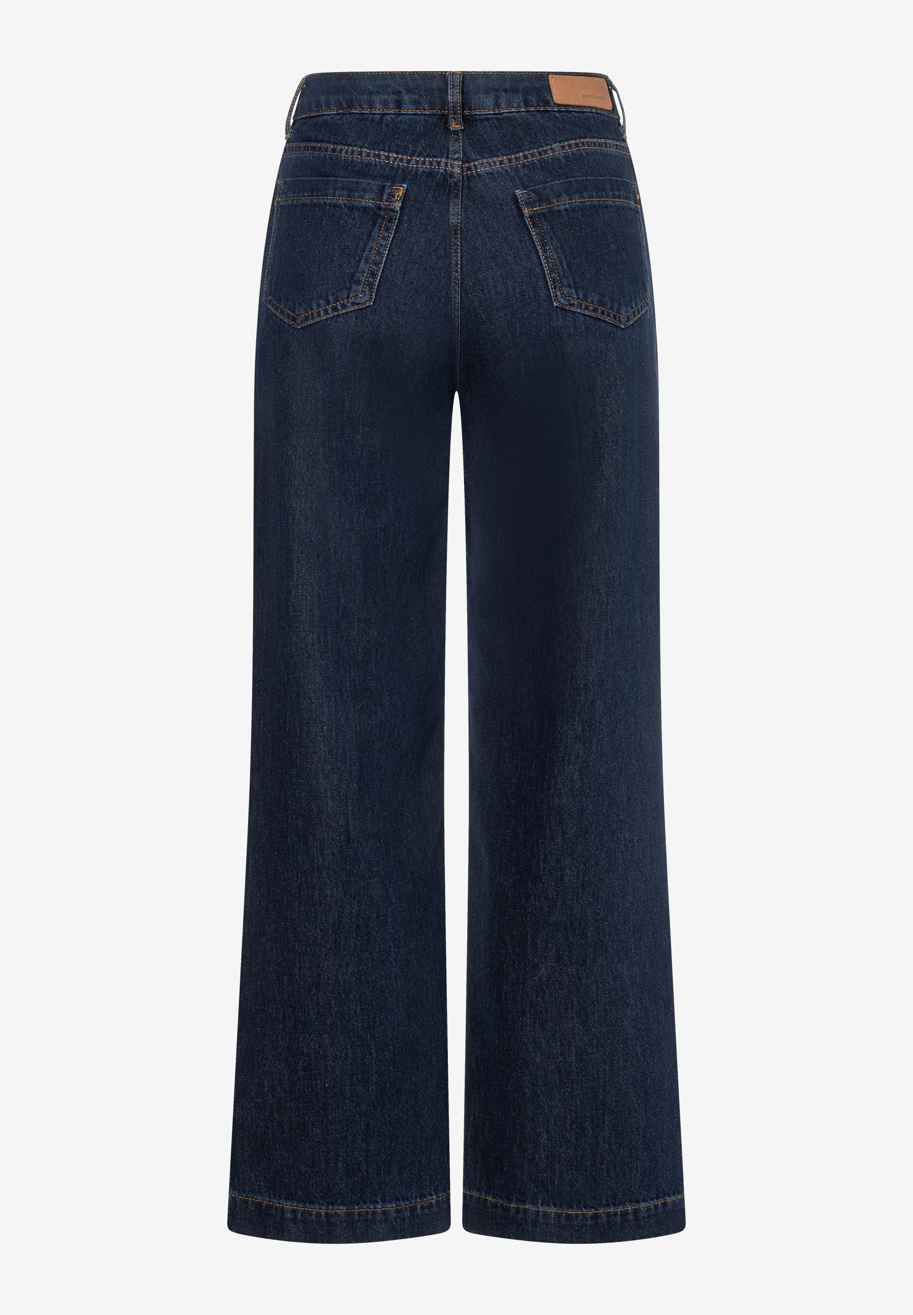 MORE & MORE Jeans: dunkelblaue Damen-Jeans mit weitem Bein, zwei Gesäßtaschen und hellbraunem Label