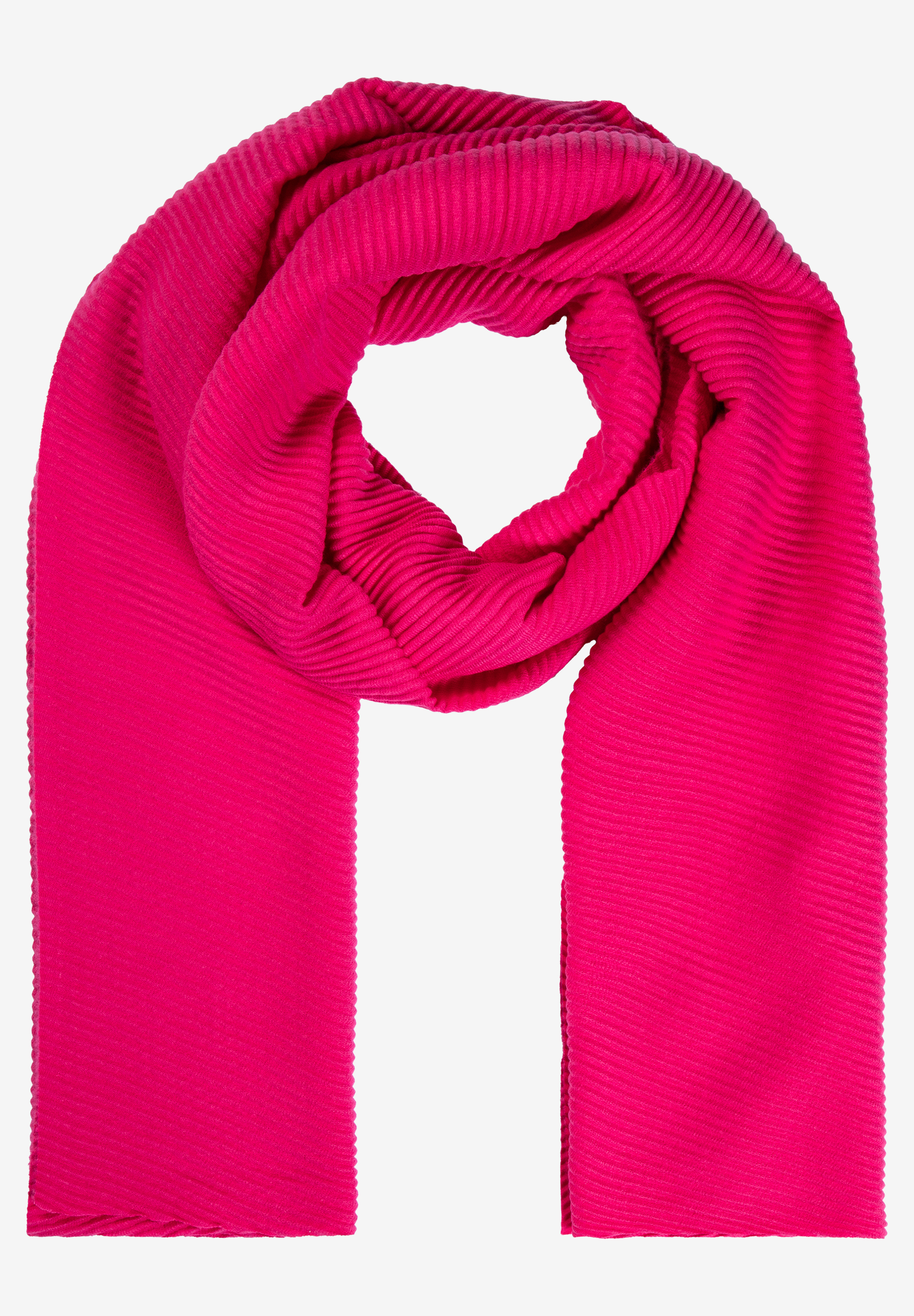 Ein pinkfarbener, plissierter MORE & MORE Schal liegt auf weißem Grund. Ein pinkfarbener, plissierter MORE & MORE Schal liegt auf weißem Grund.