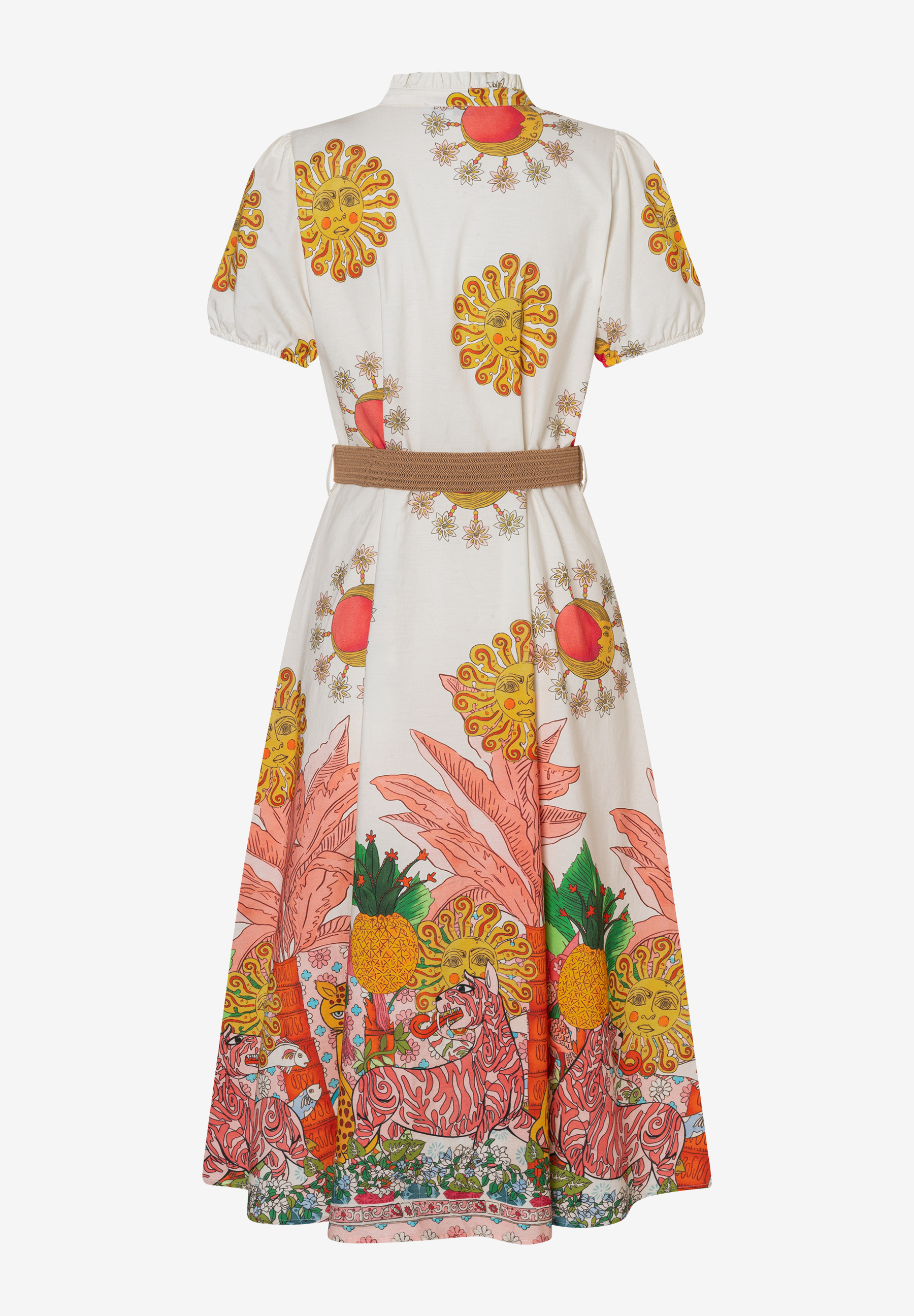MORE & MORE Midi-Kleid mit gelbem Sonnen-Print auf weißem Grund, dazu tropische Muster und ein Gürtel. Leichter Webstoff. MORE & MORE Midi-Kleid mit gelbem Sonnen-Print auf weißem Grund, dazu tropische Muster und ein Gürtel. Leichter Webstoff.