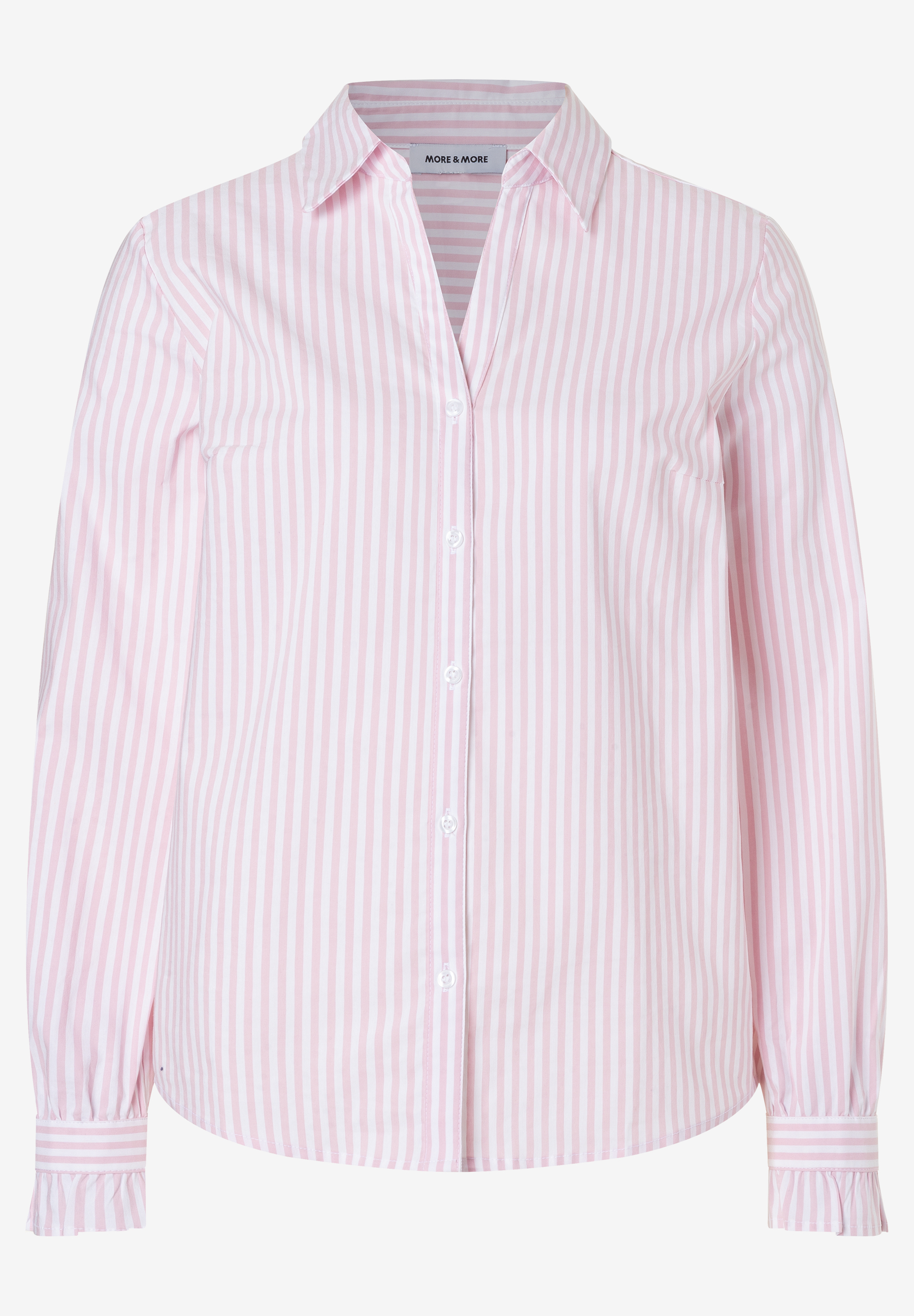 MORE & MORE Damen-Popeline-Bluse in rosa-weißer Streifenoptik, lange Ärmel mit Rüschenmanschetten, Knopfleiste. MORE & MORE Damen-Popeline-Bluse in rosa-weißer Streifenoptik, lange Ärmel mit Rüschenmanschetten, Knopfleiste.