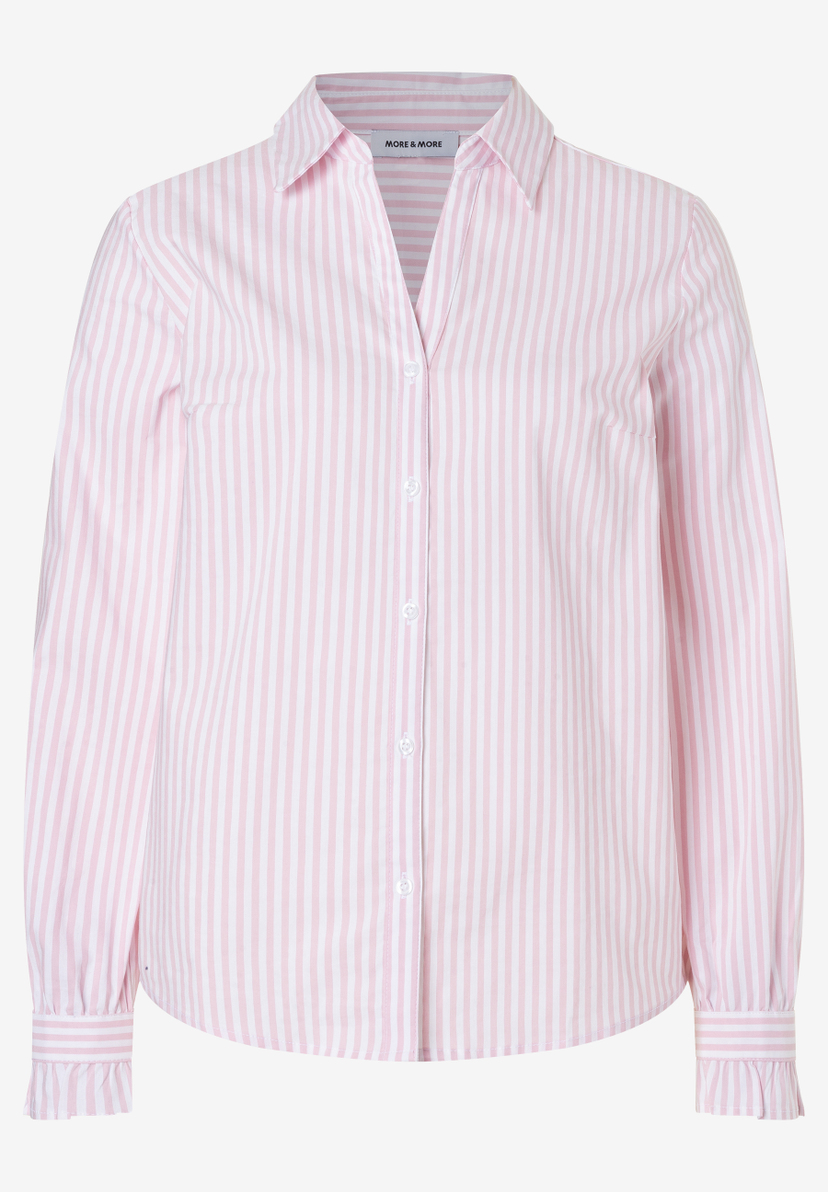 MORE & MORE Damen-Popeline-Bluse in rosa-weißer Streifenoptik, lange Ärmel mit Rüschenmanschetten, Knopfleiste. MORE & MORE Damen-Popeline-Bluse in rosa-weißer Streifenoptik, lange Ärmel mit Rüschenmanschetten, Knopfleiste.