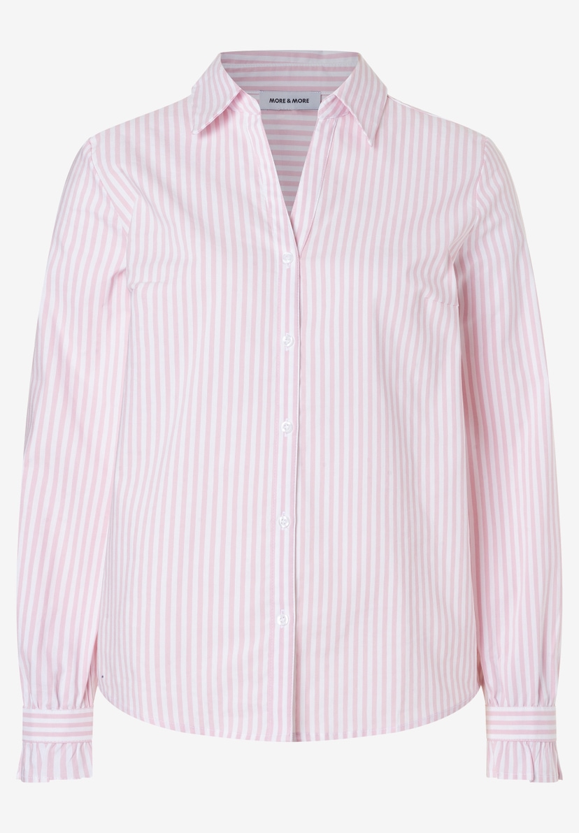 MORE & MORE Damen-Popeline-Bluse in rosa-weißer Streifenoptik, lange Ärmel mit Rüschenmanschetten, Knopfleiste. MORE & MORE Damen-Popeline-Bluse in rosa-weißer Streifenoptik, lange Ärmel mit Rüschenmanschetten, Knopfleiste.