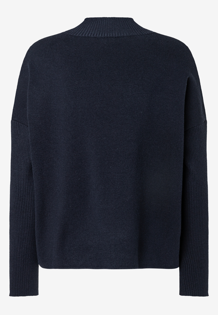MORE & MORE Damen Rippstrick-Pullover in Dunkelblau, Stehkragen, lange Ärmel, gerippte Bündchen, schlicht und elegant.