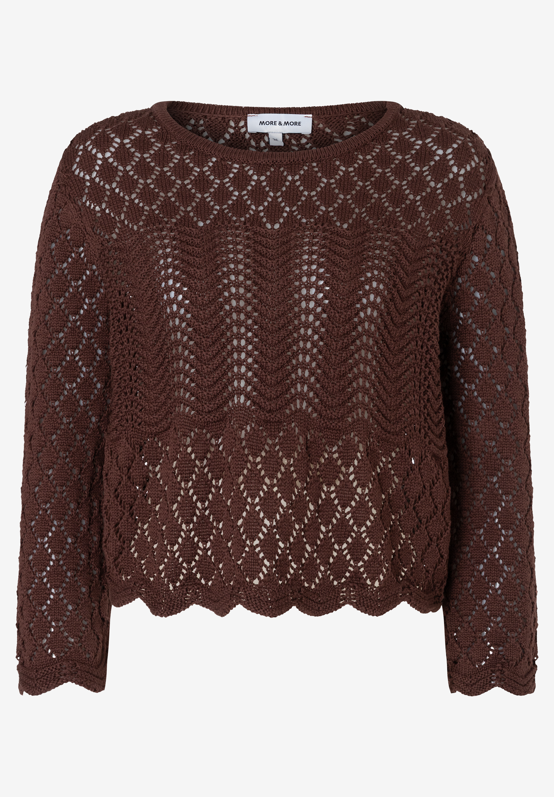 MORE & MORE Lochstrick-Pullover in Dunkelbraun, mit Wellensaum und transparenten Mustern f
r angenehmen Tragekomfort. MORE & MORE Lochstrick-Pullover in Dunkelbraun, mit Wellensaum und transparenten Mustern f
r angenehmen Tragekomfort.