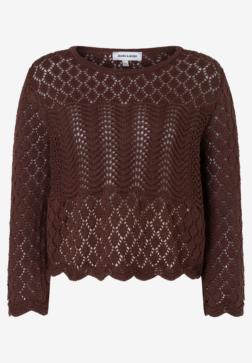 MORE & MORE Lochstrick-Pullover in Dunkelbraun, mit Wellensaum und transparenten Mustern f
r angenehmen Tragekomfort. MORE & MORE Lochstrick-Pullover in Dunkelbraun, mit Wellensaum und transparenten Mustern f
r angenehmen Tragekomfort.