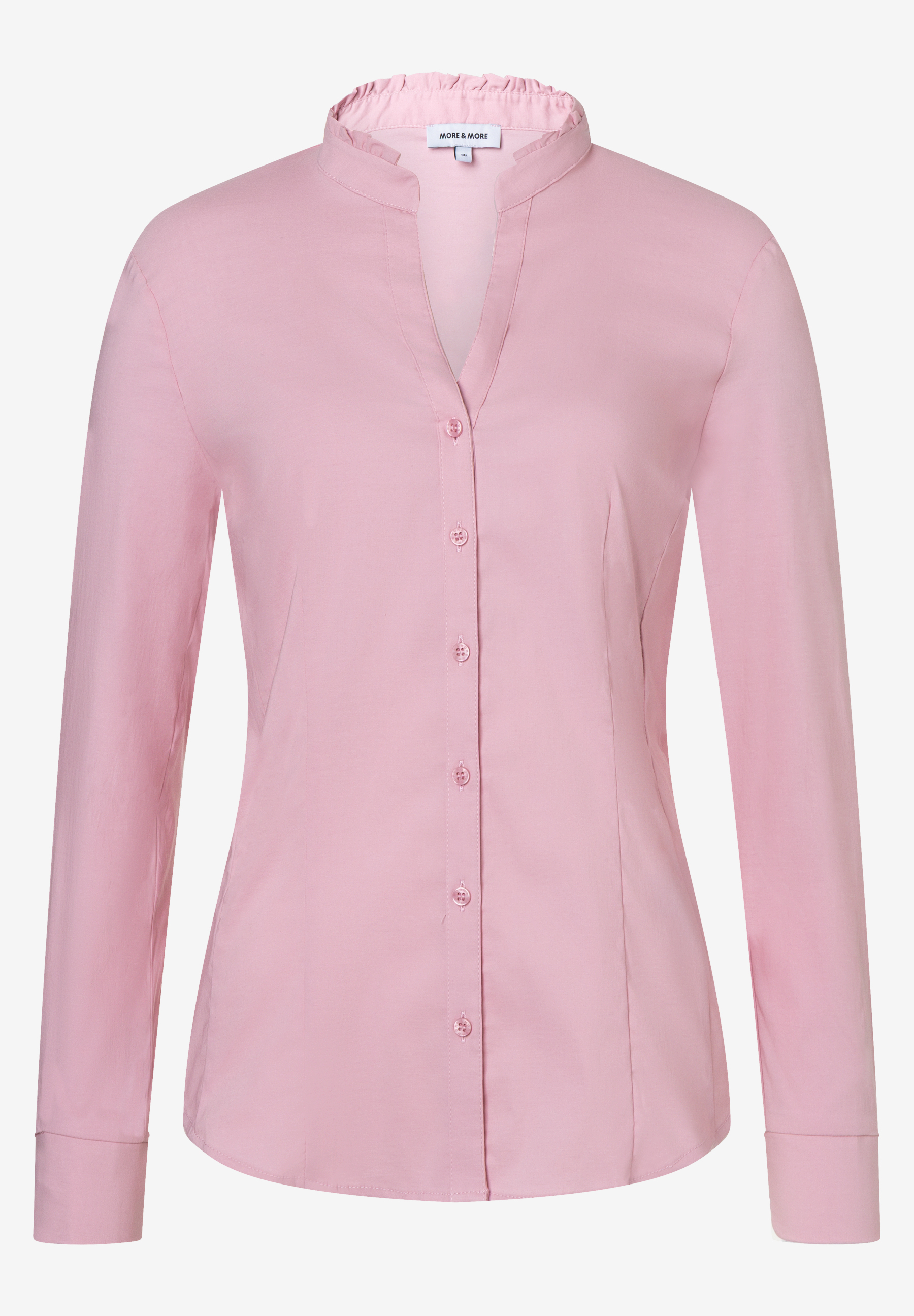 MORE & MORE Damen-Bluse aus rosafarbenem Popeline mit Gummizugkragen und Knopfleiste, figurnah geschnitten. MORE & MORE Damen-Bluse aus rosafarbenem Popeline mit Gummizugkragen und Knopfleiste, figurnah geschnitten.