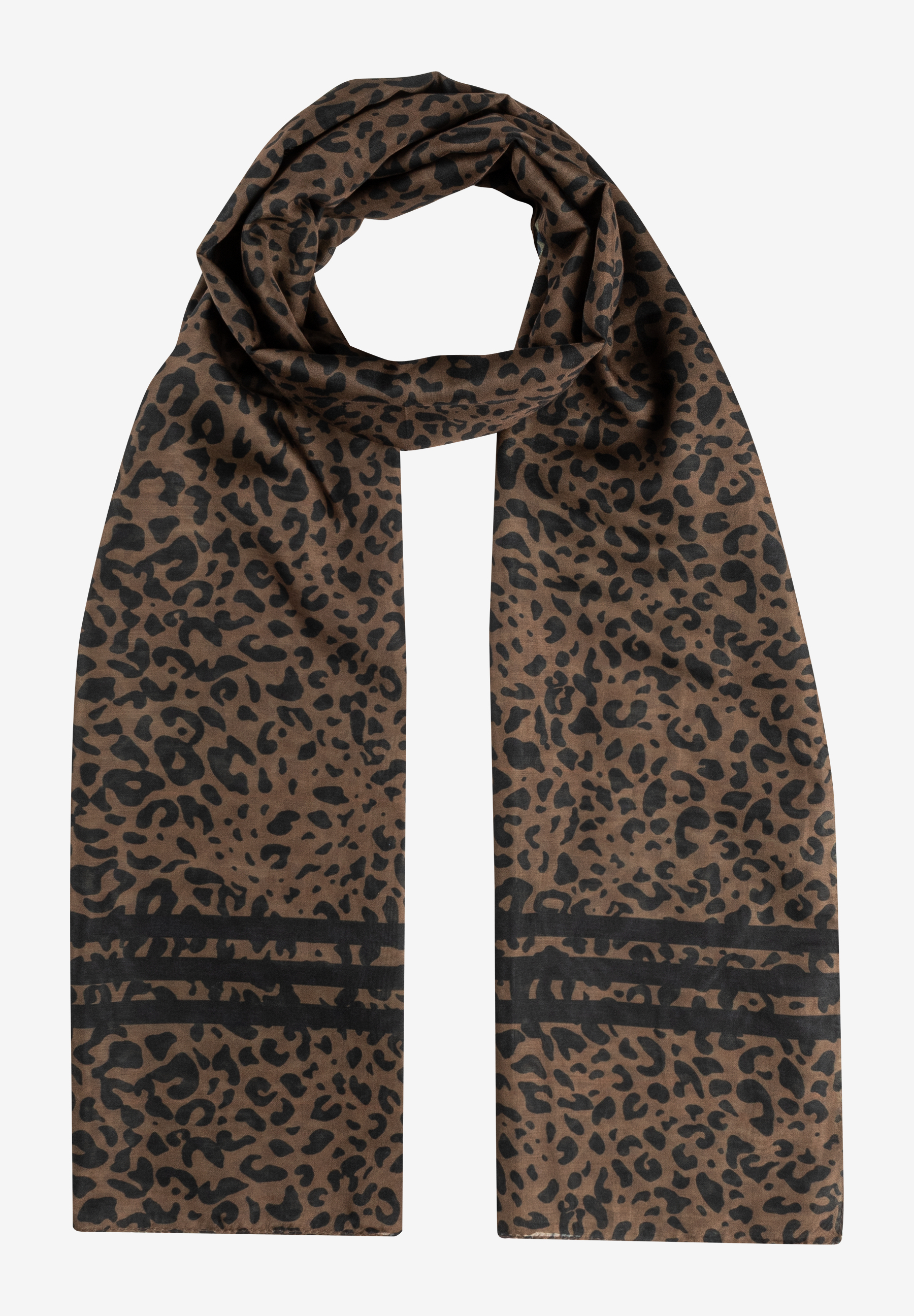 MORE & MORE Accessoire: Brauner Schal mit durchgehendem Leopardenmuster & schwarzen Streifen. MORE & MORE Accessoire: Brauner Schal mit durchgehendem Leopardenmuster & schwarzen Streifen.