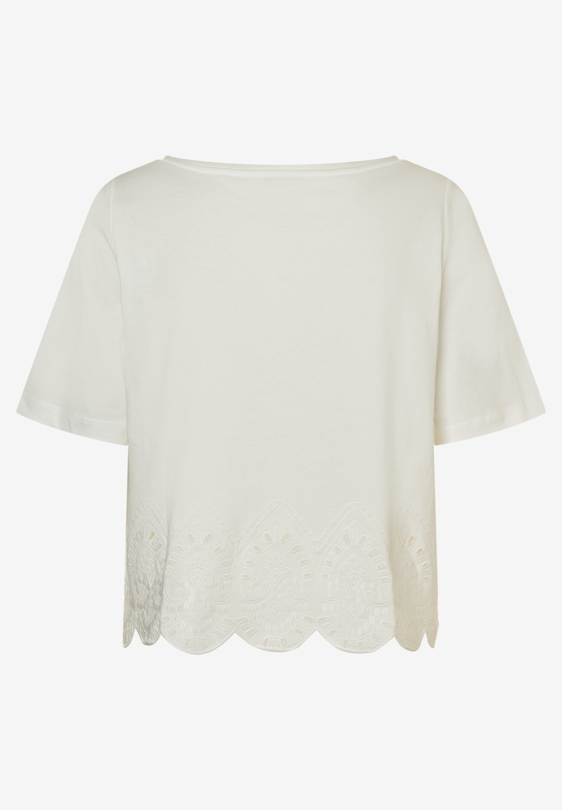 MORE & MORE Damen T-Shirt aus Jersey mit halblangen Ärmeln. Der Saum ist mit Scallop-Spitze und Lochstickerei verziert. MORE & MORE Damen T-Shirt aus Jersey mit halblangen Ärmeln. Der Saum ist mit Scallop-Spitze und Lochstickerei verziert.