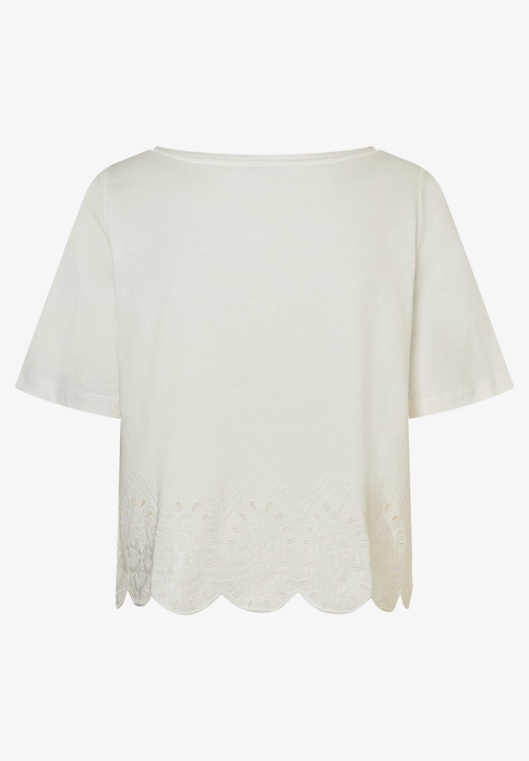 MORE & MORE Damen T-Shirt aus Jersey mit halblangen Ärmeln. Der Saum ist mit Scallop-Spitze und Lochstickerei verziert. MORE & MORE Damen T-Shirt aus Jersey mit halblangen Ärmeln. Der Saum ist mit Scallop-Spitze und Lochstickerei verziert.