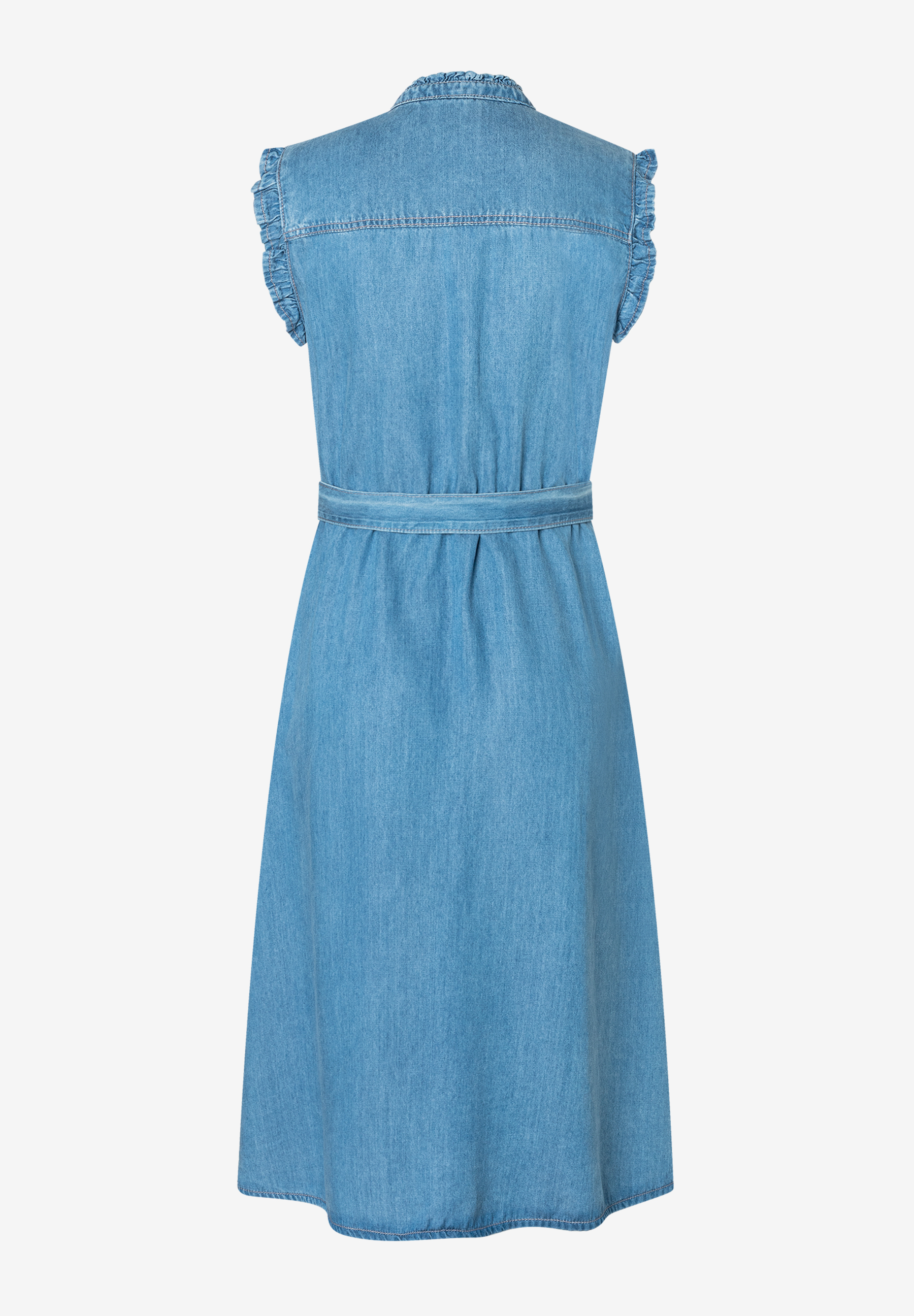 Ein hellblaues Jeanskleid der Marke MORE & MORE mit Gürtel und Rüschenärmeln. Ein hellblaues Jeanskleid der Marke MORE & MORE mit Gürtel und Rüschenärmeln.