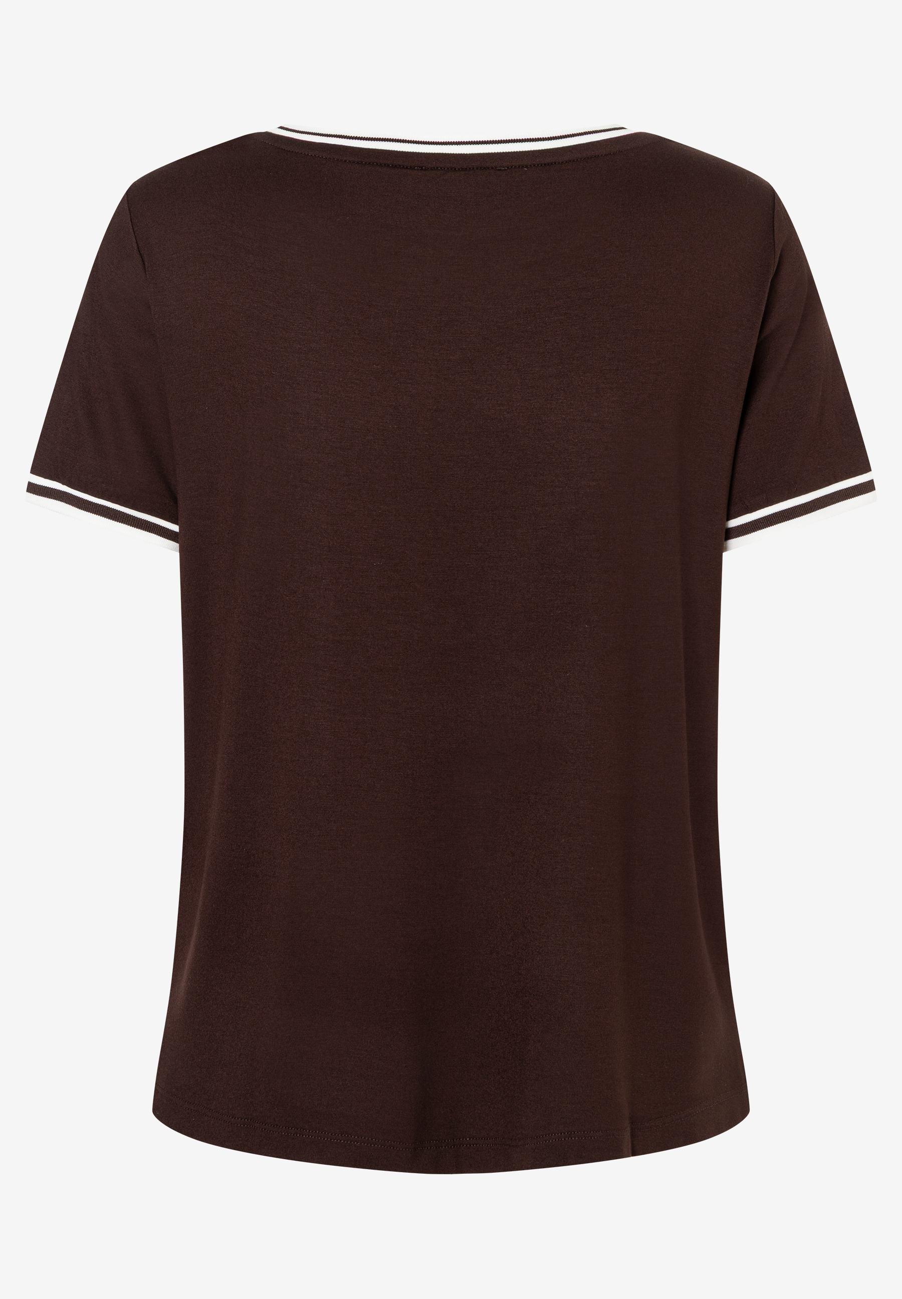 MORE & MORE T-Shirt in Braun mit weiß-schwarz gestreiften Bündchen an Ärmeln und Hals. MORE & MORE T-Shirt in Braun mit weiß-schwarz gestreiften Bündchen an Ärmeln und Hals.