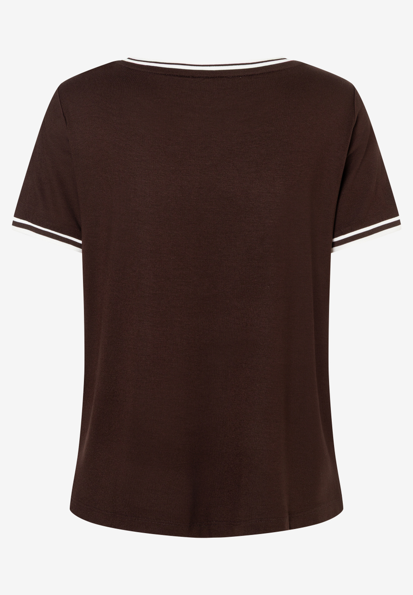 MORE & MORE T-Shirt in Braun mit weiß-schwarz gestreiften Bündchen an Ärmeln und Hals. MORE & MORE T-Shirt in Braun mit weiß-schwarz gestreiften Bündchen an Ärmeln und Hals.