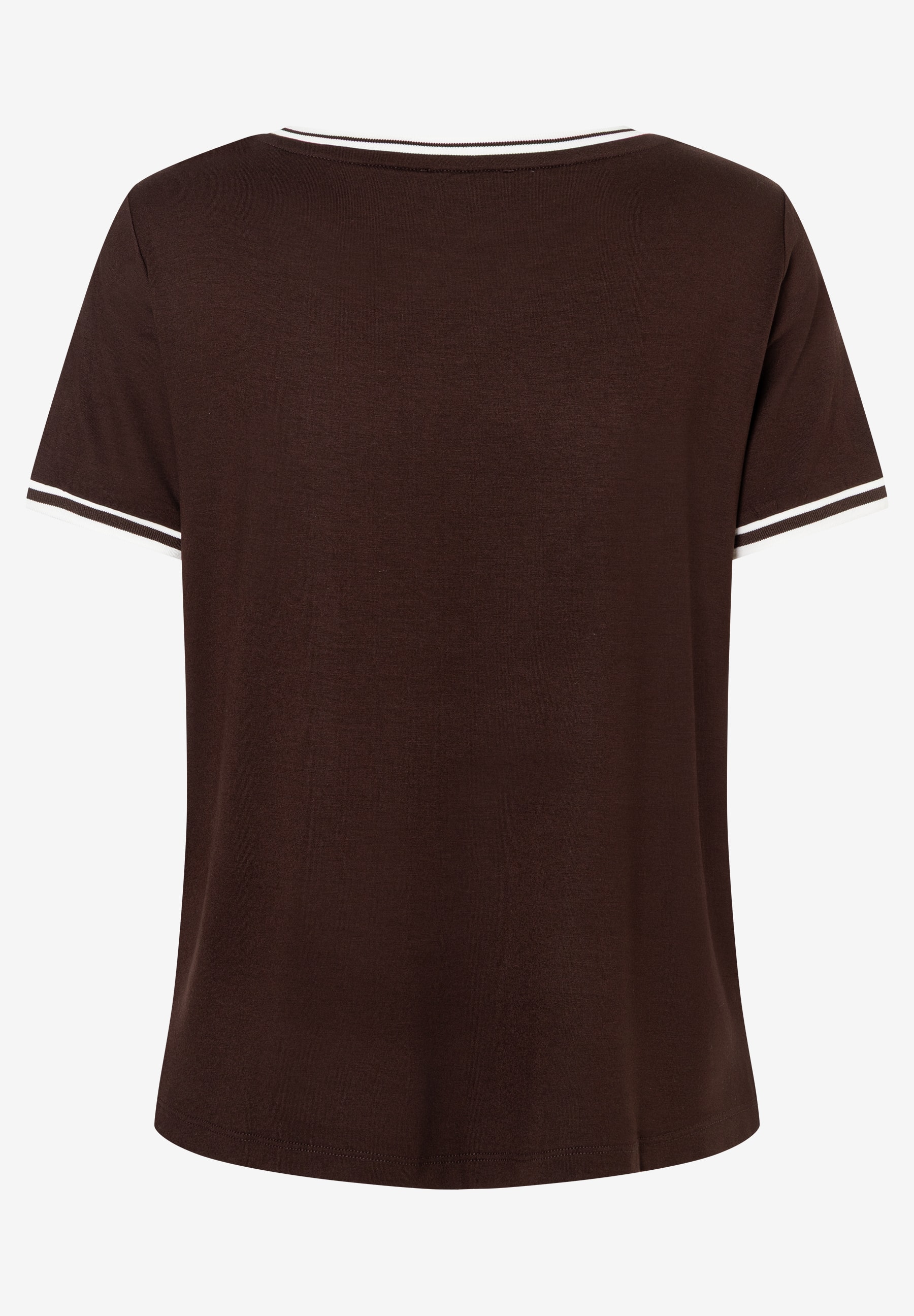MORE & MORE T-Shirt in Braun mit weiß-schwarz gestreiften Bündchen an Ärmeln und Hals. MORE & MORE T-Shirt in Braun mit weiß-schwarz gestreiften Bündchen an Ärmeln und Hals.