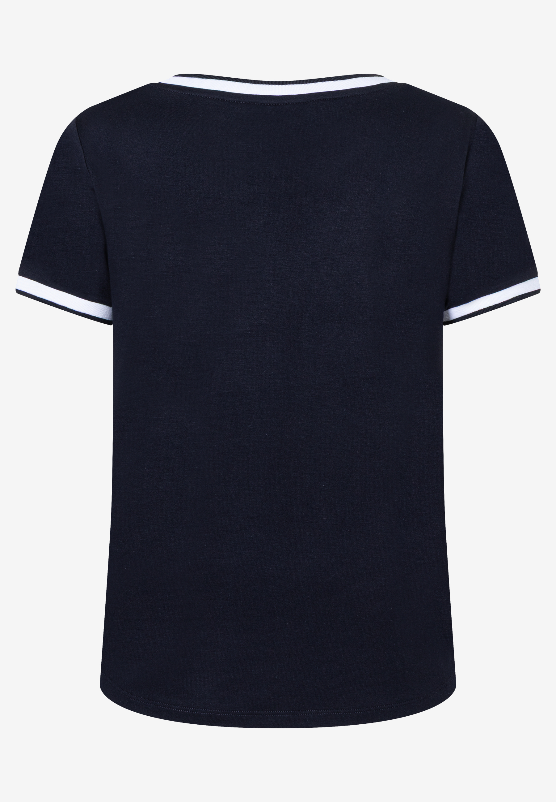 Rückansicht eines dunkelblauen MORE & MORE T-Shirts mit weißen Akzenten am Halsausschnitt und Ärmeln. Rückansicht eines dunkelblauen MORE & MORE T-Shirts mit weißen Akzenten am Halsausschnitt und Ärmeln.