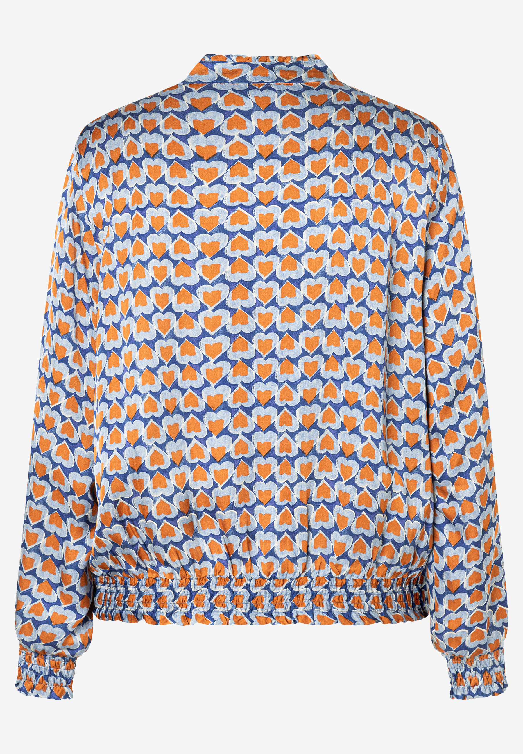 MORE & MORE Viskose-Bluse, blau/orange mit Herzmuster. Gerüschte Bündchen an Ärmeln und Saum. Fließender Stoff. MORE & MORE Viskose-Bluse, blau/orange mit Herzmuster. Gerüschte Bündchen an Ärmeln und Saum. Fließender Stoff.