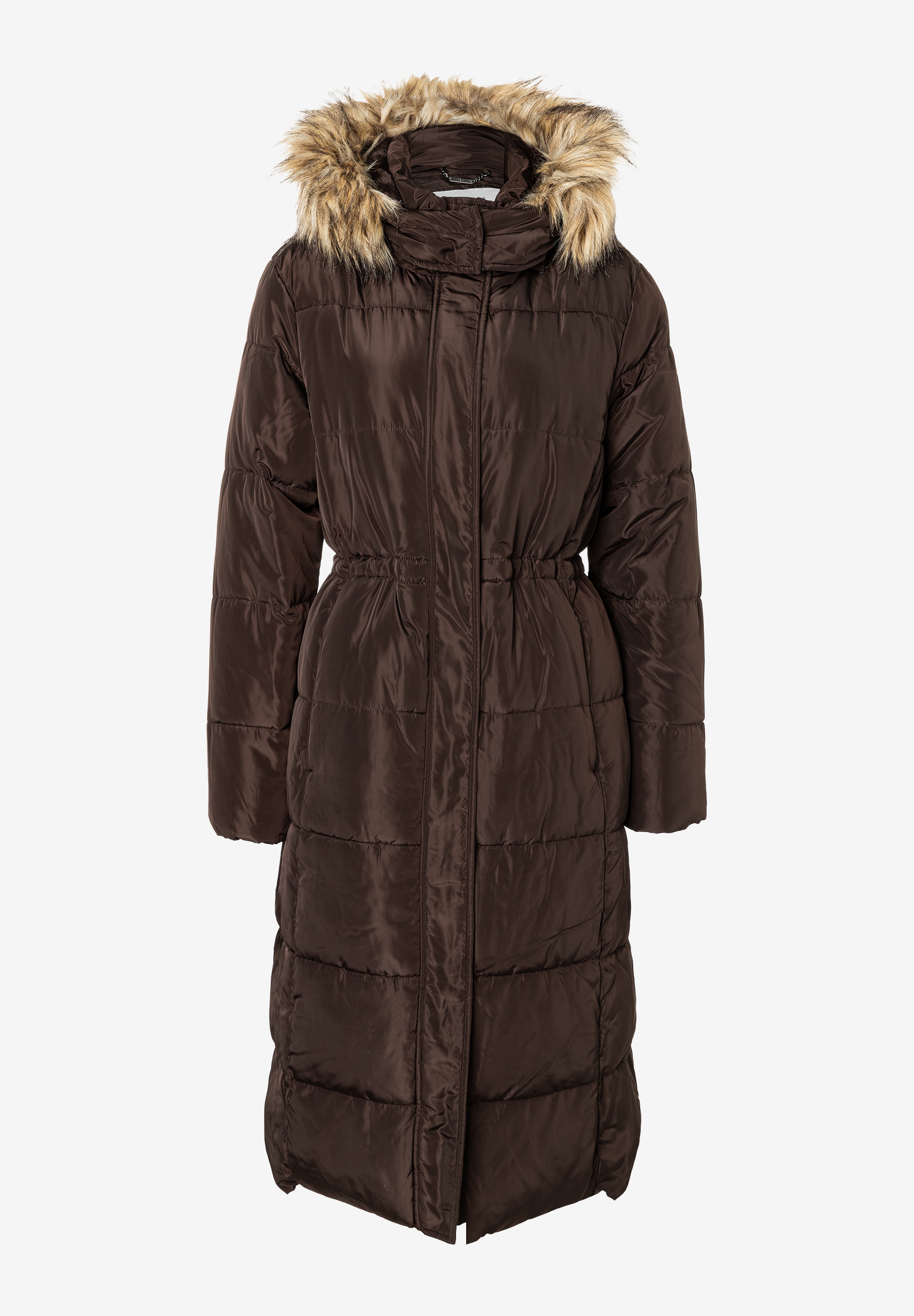 Eine braune, wärmende Steppjacke von MORE & MORE mit Webware und Kunstfell-Kapuze ist auf weißem Grund zu sehen. Eine braune, wärmende Steppjacke von MORE & MORE mit Webware und Kunstfell-Kapuze ist auf weißem Grund zu sehen.