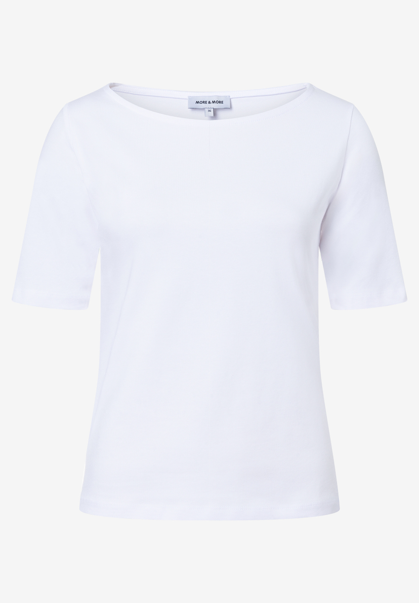 Ein weißes MORE & MORE T-Shirt mit kurzen Ärmeln und einem geraden Ausschnitt. Ein weißes MORE & MORE T-Shirt mit kurzen Ärmeln und einem geraden Ausschnitt.