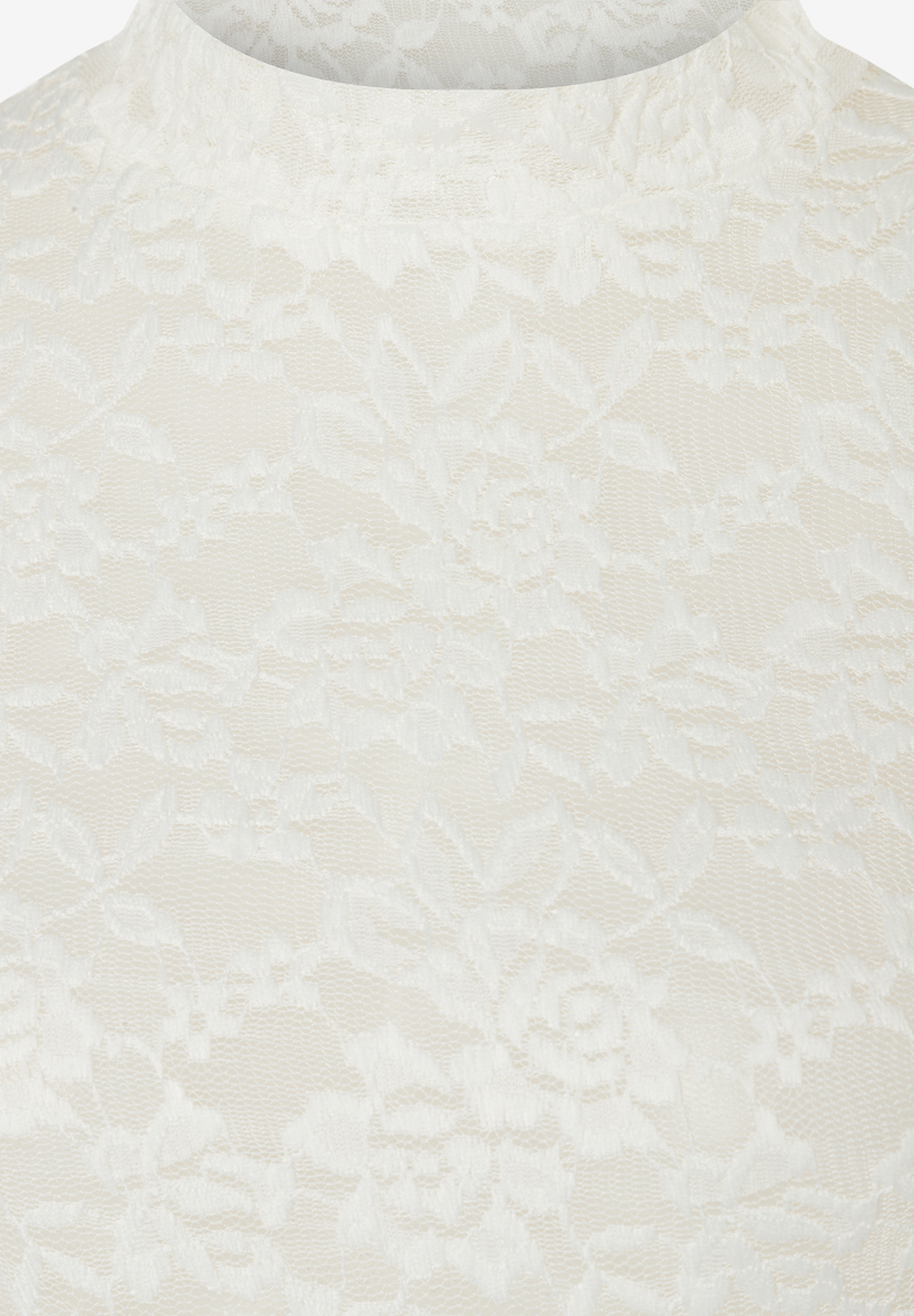 MORE & MORE elastisches Spitzentop, cremefarben, Nahaufnahme des Musters mit floralen Formen.
