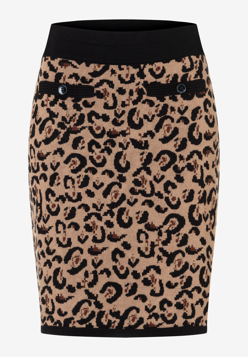 Der MORE & MORE Rock ist ein Jacquard-Strickrock mit Leopardenmuster und angedeuteten Taschen mit Knöpfen. Der MORE & MORE Rock ist ein Jacquard-Strickrock mit Leopardenmuster und angedeuteten Taschen mit Knöpfen.