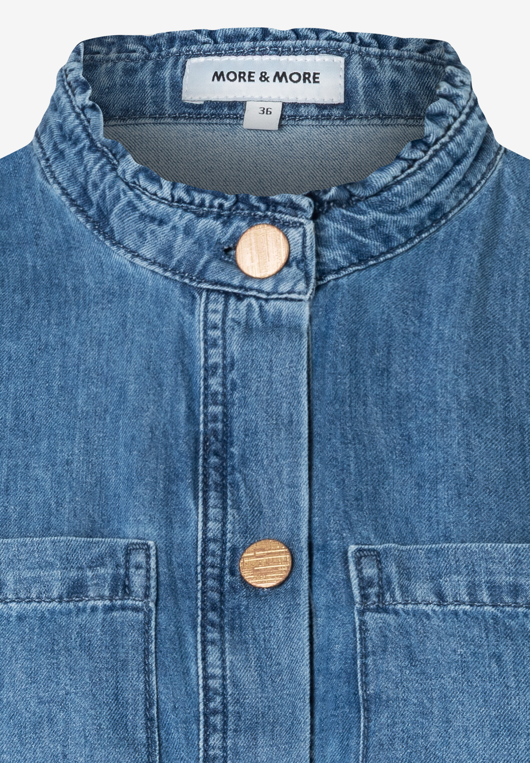 MORE & MORE Jeansbluse, Denim, Knopfleiste mit goldenen Knöpfen, Stehkragen, 2 Brusttaschen, angenehmer Tragekomfort MORE & MORE Jeansbluse, Denim, Knopfleiste mit goldenen Knöpfen, Stehkragen, 2 Brusttaschen, angenehmer Tragekomfort