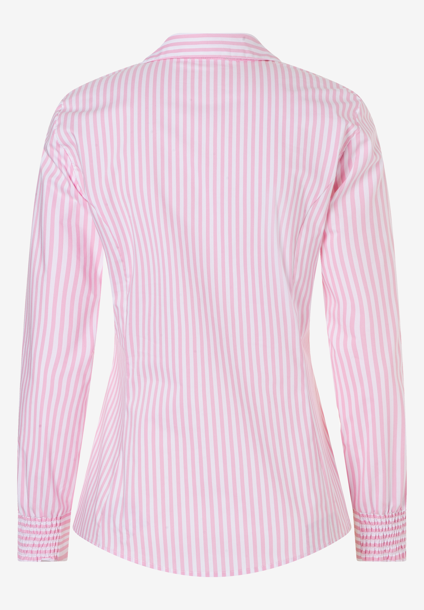 Rückenansicht einer rosa-weiß gestreiften MORE & MORE Bluse. Baumwollmischung für angenehmen Tragekomfort. Rückenansicht einer rosa-weiß gestreiften MORE & MORE Bluse. Baumwollmischung für angenehmen Tragekomfort.
