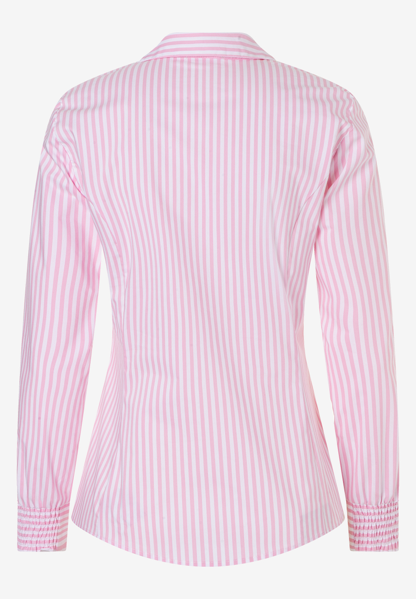 Rückenansicht einer rosa-weiß gestreiften MORE & MORE Bluse. Baumwollmischung für angenehmen Tragekomfort. Rückenansicht einer rosa-weiß gestreiften MORE & MORE Bluse. Baumwollmischung für angenehmen Tragekomfort.