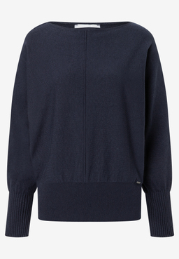MORE & MORE dunkelblauer Pullover mit U-Boot-Ausschnitt, langen Ärmeln und geripptem Saum.