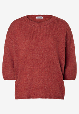 MORE & MORE Damen-Pullover aus orange-rotem Grobstrick mit 3/4-Ärmeln und Rundhalsausschnitt.