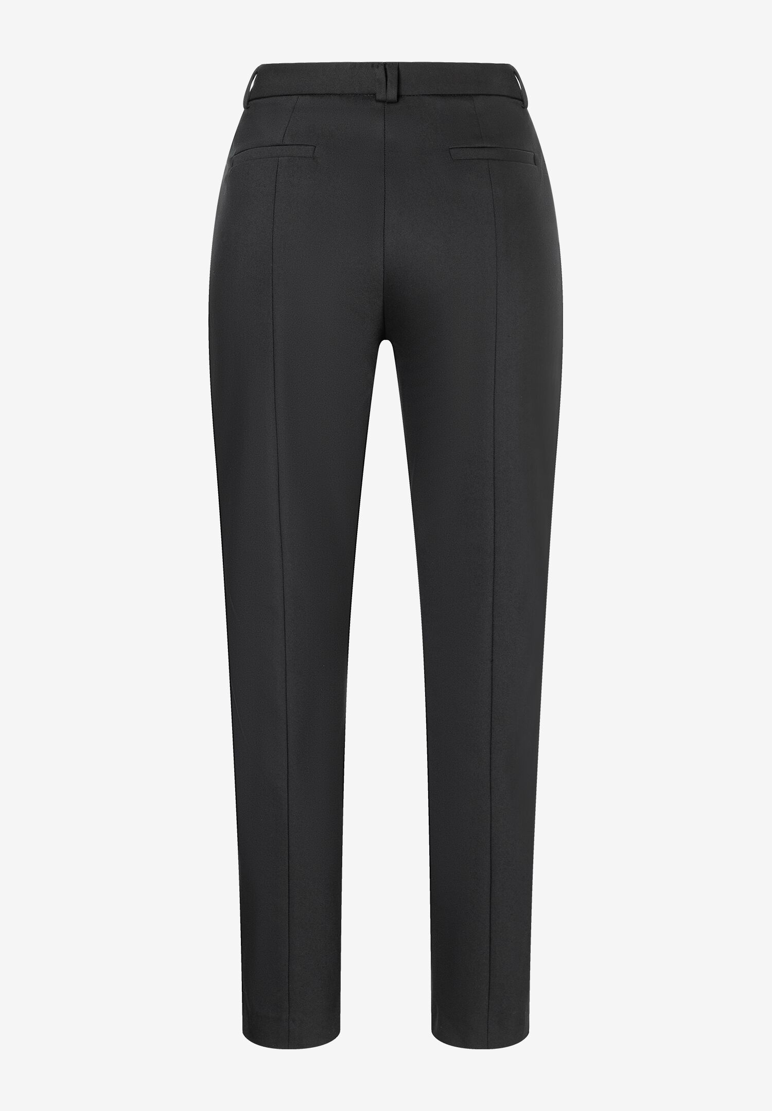 Eine schwarze, enge Hose von MORE & MORE mit angedeutetem Bund und minimalistischem Design. Eine schwarze, enge Hose von MORE & MORE mit angedeutetem Bund und minimalistischem Design.