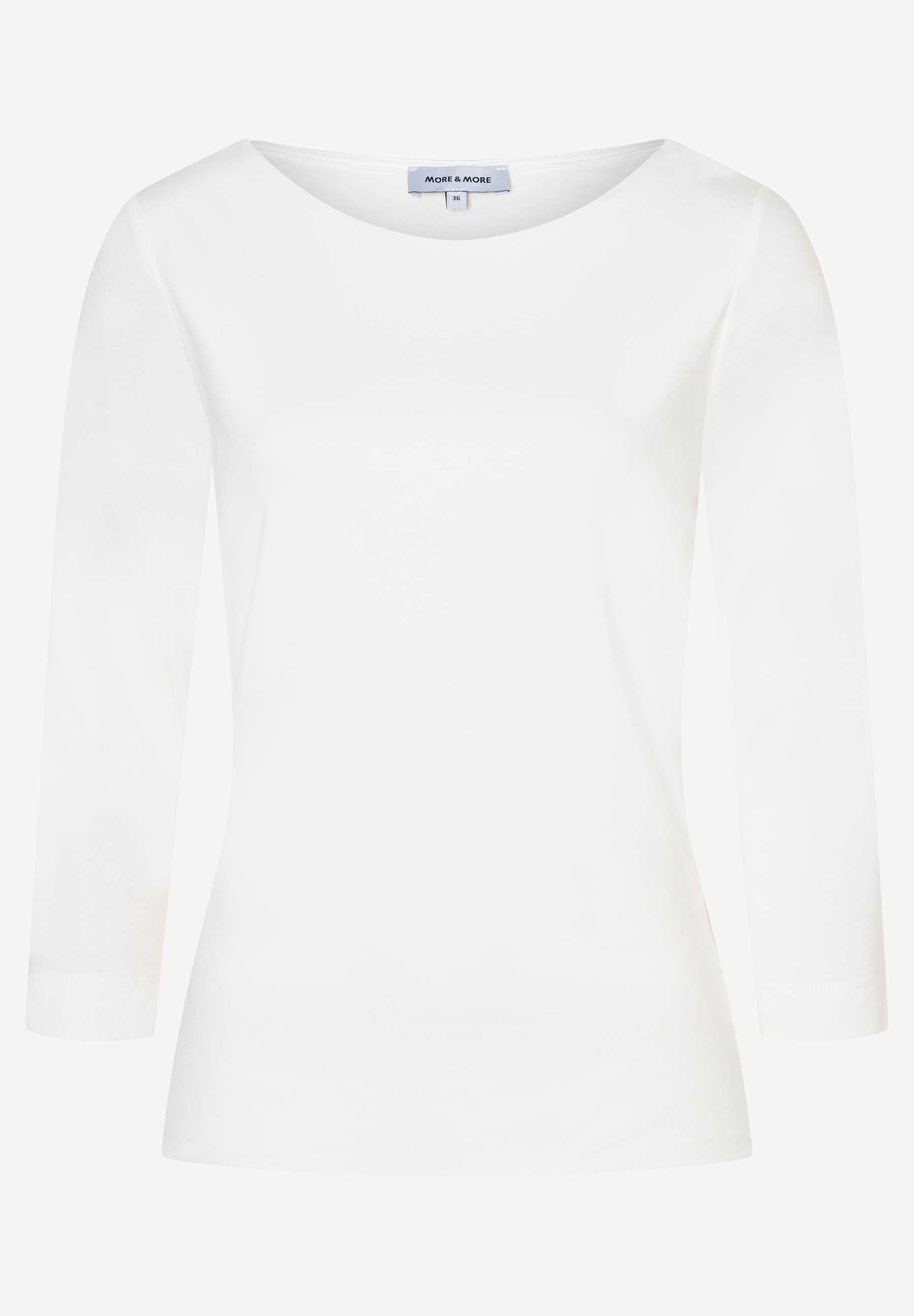 Ein weißes Langarmshirt von MORE & MORE mit Rundhalsausschnitt. Ein weißes Langarmshirt von MORE & MORE mit Rundhalsausschnitt.