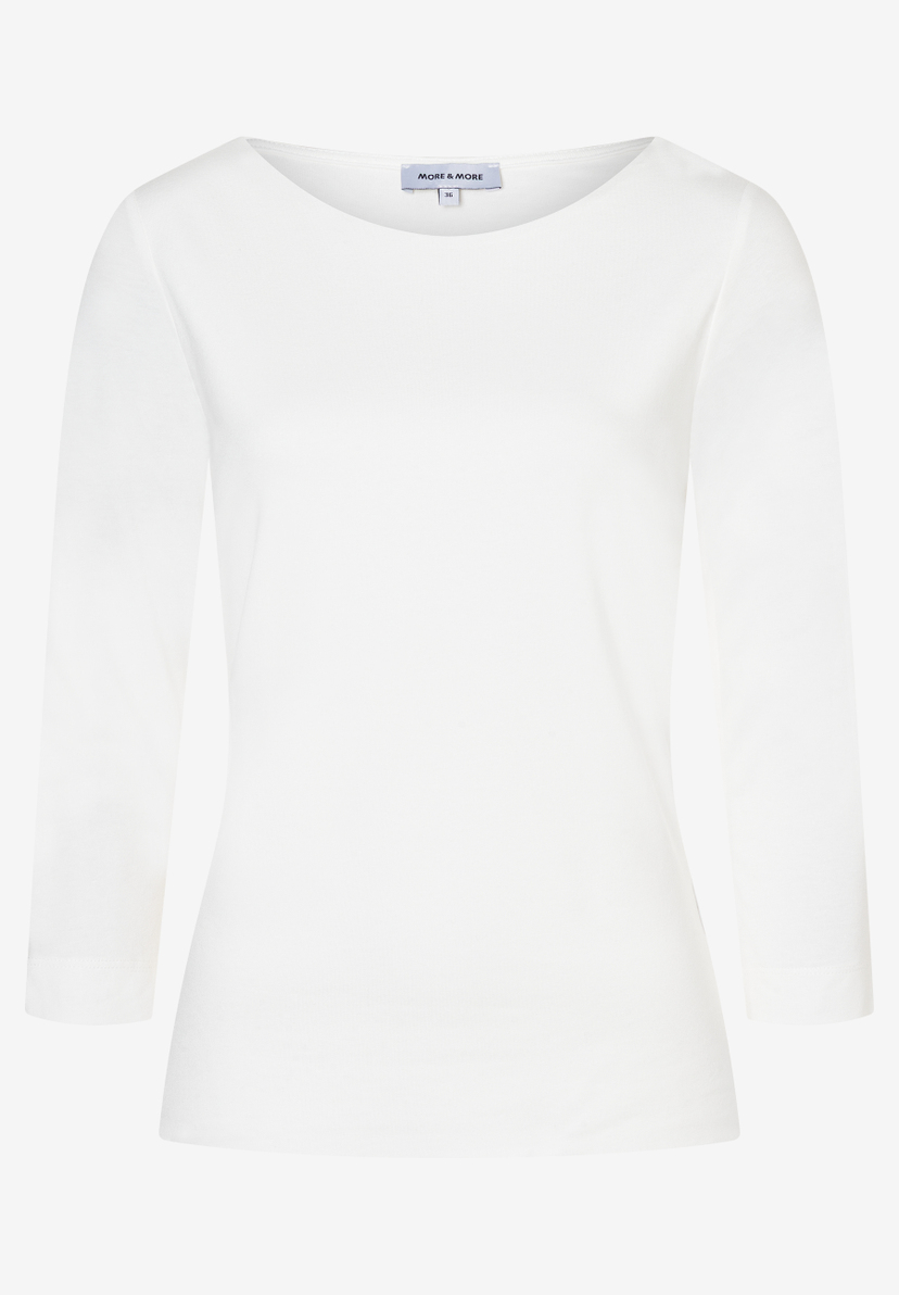 Ein weißes Langarmshirt von MORE & MORE mit Rundhalsausschnitt. Ein weißes Langarmshirt von MORE & MORE mit Rundhalsausschnitt.