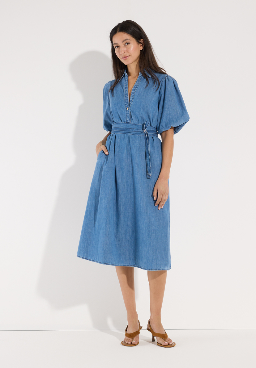 MORE & MORE Damen-Denimkleid aus Baumwolle mit Gürtel und Puffärmeln, bis zu den Waden reichend, hautfreundlich. MORE & MORE Damen-Denimkleid aus Baumwolle mit Gürtel und Puffärmeln, bis zu den Waden reichend, hautfreundlich.