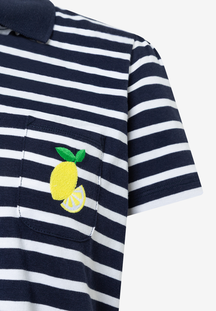 Ein gestreiftes MORE & MORE Oberteil mit Tasche und Zitronen-Applikation. Ein gestreiftes MORE & MORE Oberteil mit Tasche und Zitronen-Applikation.