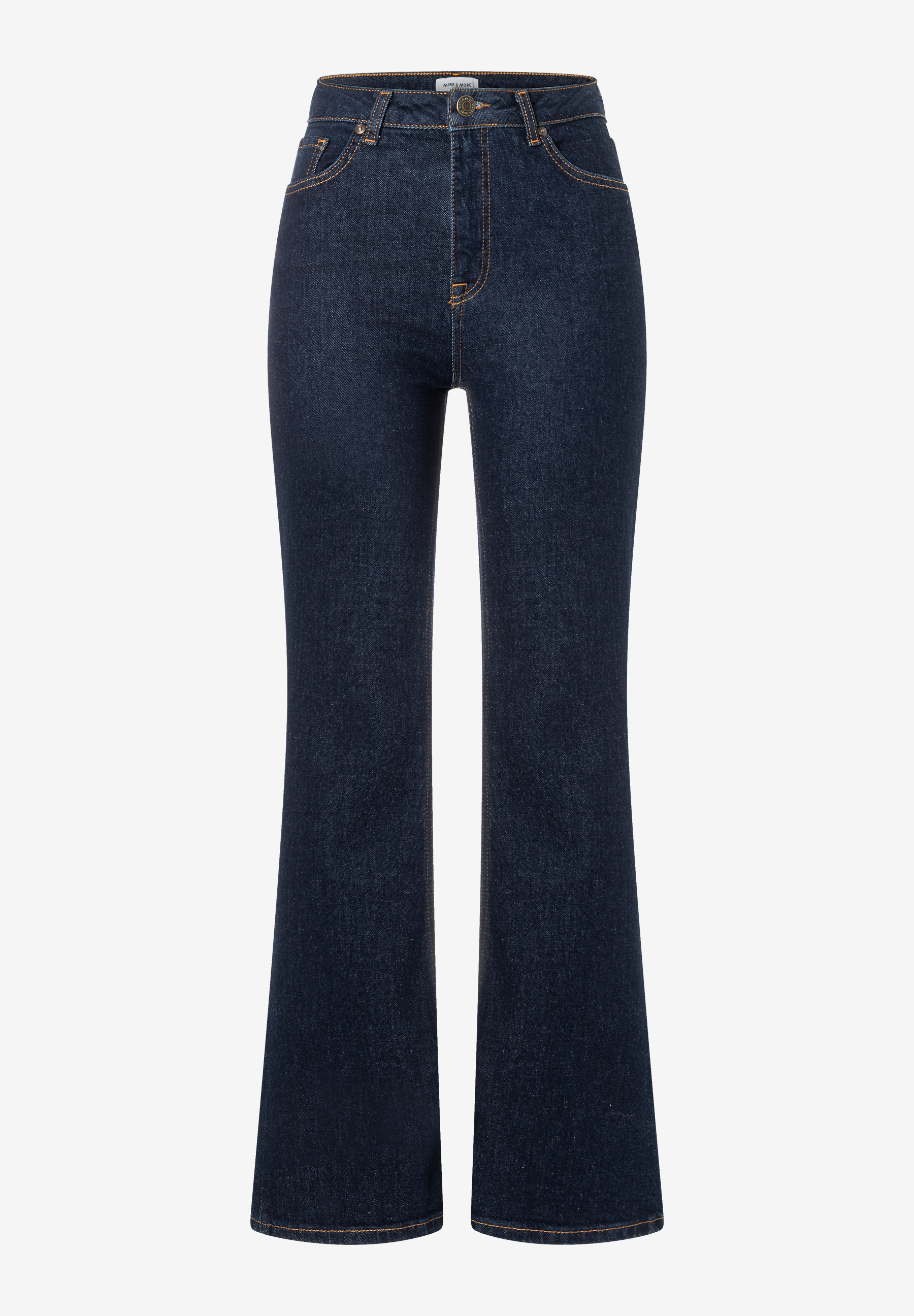 MORE & MORE Jeans aus elastischem Denim. Dunkelblaue Bootcut-Jeans mit goldfarbenen Nähten, Knopf und Nieten. MORE & MORE Jeans aus elastischem Denim. Dunkelblaue Bootcut-Jeans mit goldfarbenen Nähten, Knopf und Nieten.