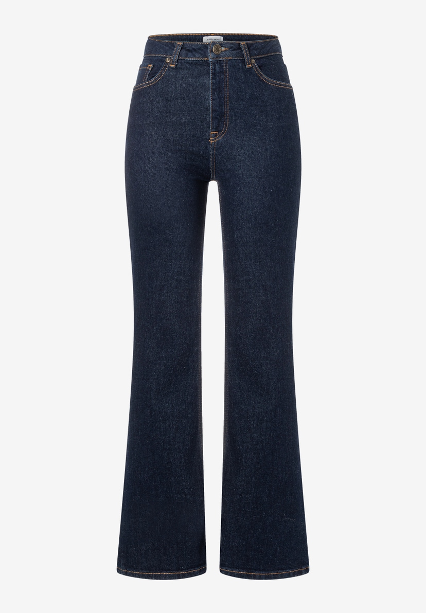 MORE & MORE Jeans aus elastischem Denim. Dunkelblaue Bootcut-Jeans mit goldfarbenen Nähten, Knopf und Nieten. MORE & MORE Jeans aus elastischem Denim. Dunkelblaue Bootcut-Jeans mit goldfarbenen Nähten, Knopf und Nieten.