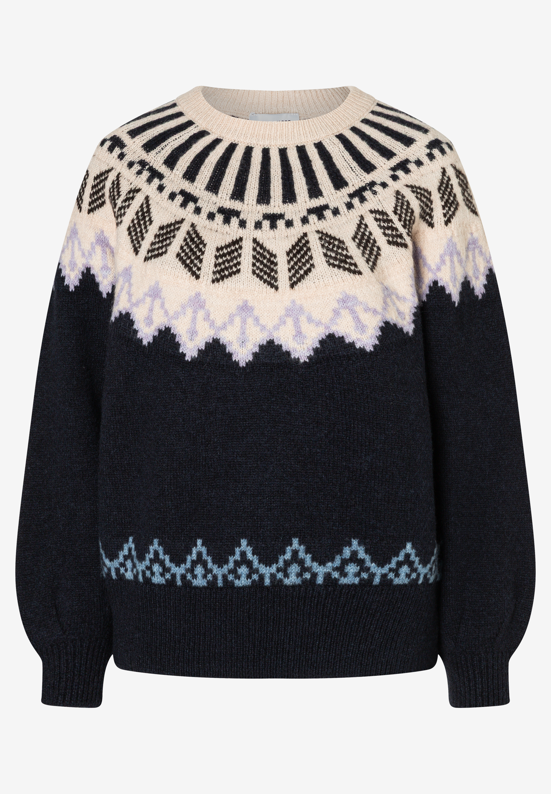 MORE & MORE Pullover mit beigefarbenem Fair Isle Muster, lilafarbenen Zickzack-Streifen & hellblauen Rauten auf Marineblau.
