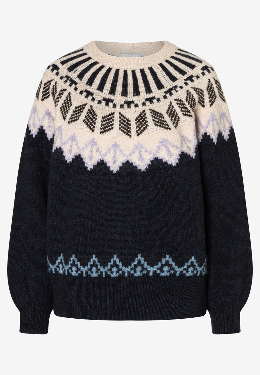 MORE & MORE Pullover mit beigefarbenem Fair Isle Muster, lilafarbenen Zickzack-Streifen & hellblauen Rauten auf Marineblau.