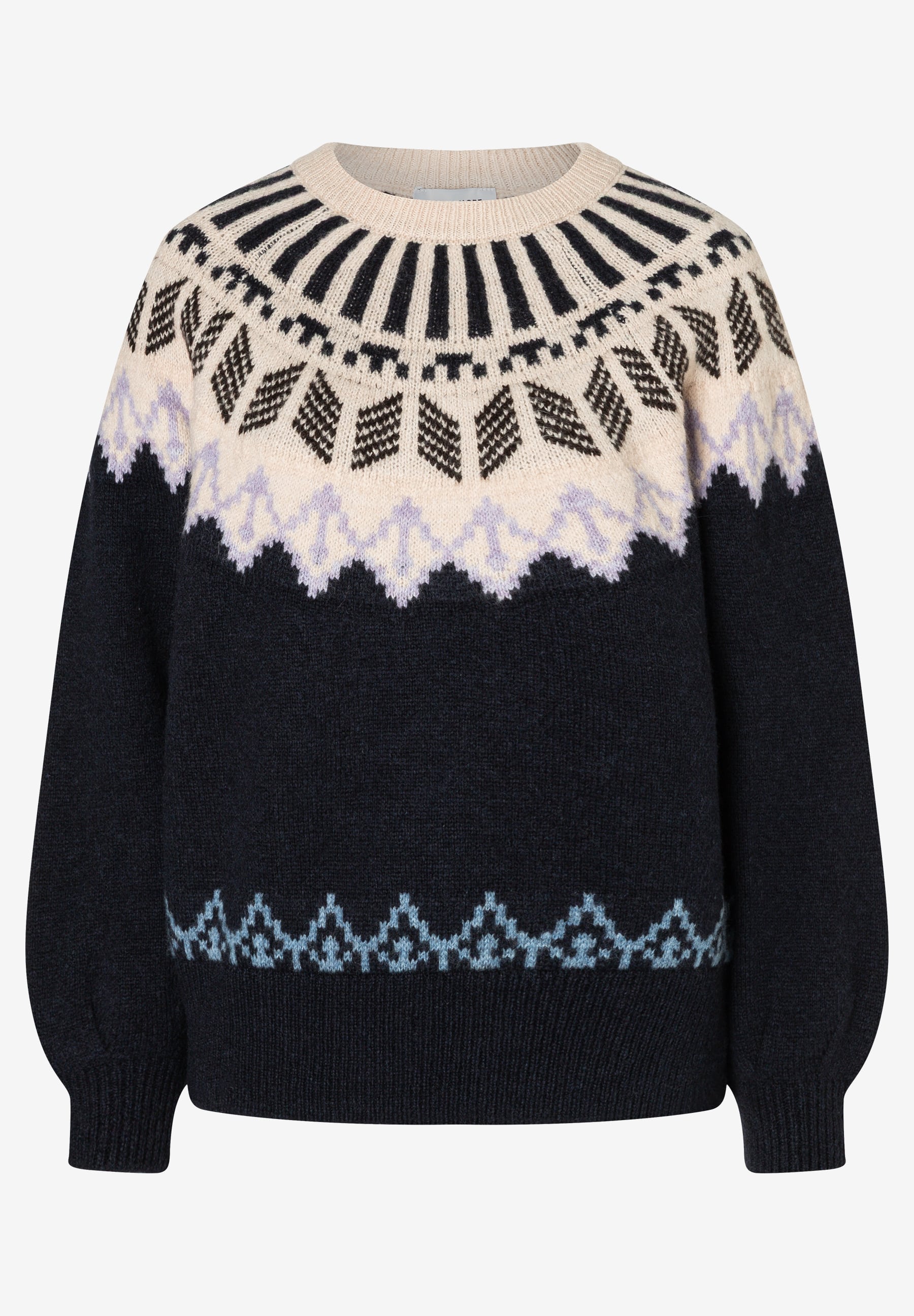 MORE & MORE Pullover mit beigefarbenem Fair Isle Muster, lilafarbenen Zickzack-Streifen & hellblauen Rauten auf Marineblau.