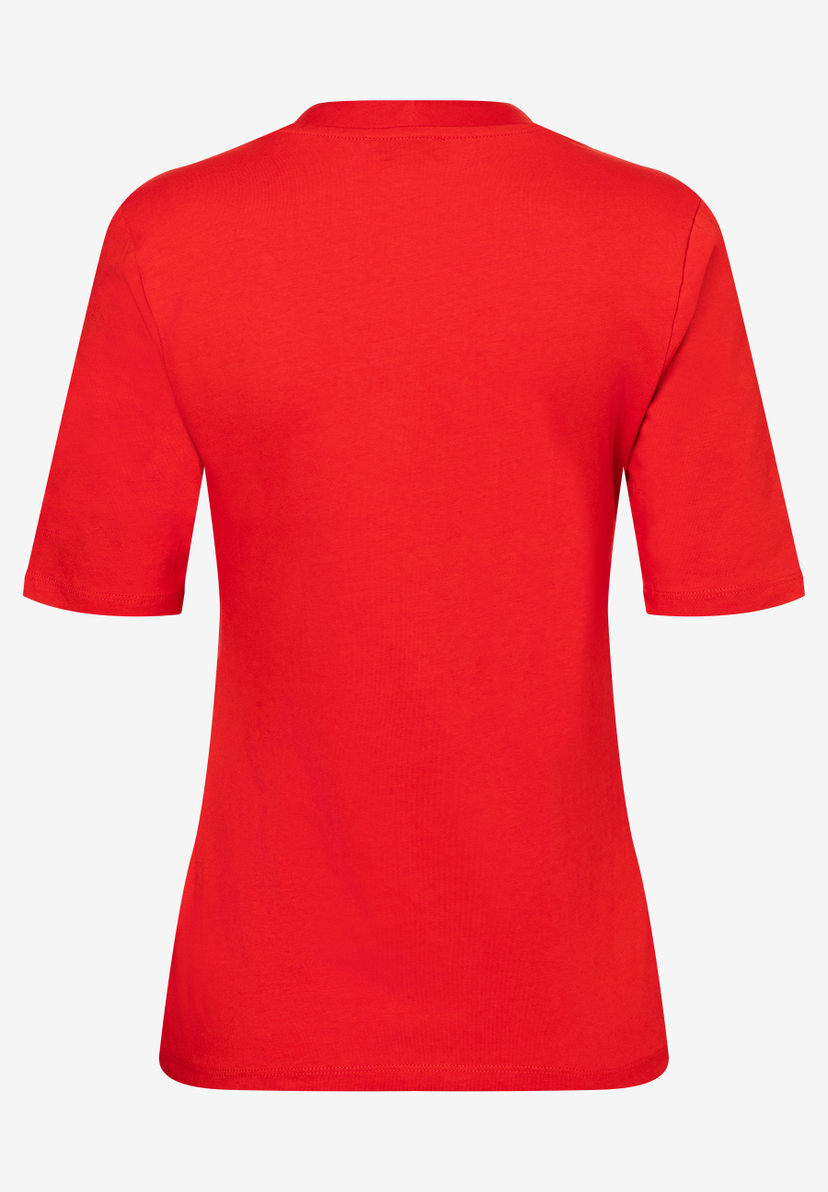 Rotes, elastisches MORE & MORE Jersey Top mit kurzen Ärmeln vor neutralem Hintergrund. Rotes, elastisches MORE & MORE Jersey Top mit kurzen Ärmeln vor neutralem Hintergrund.