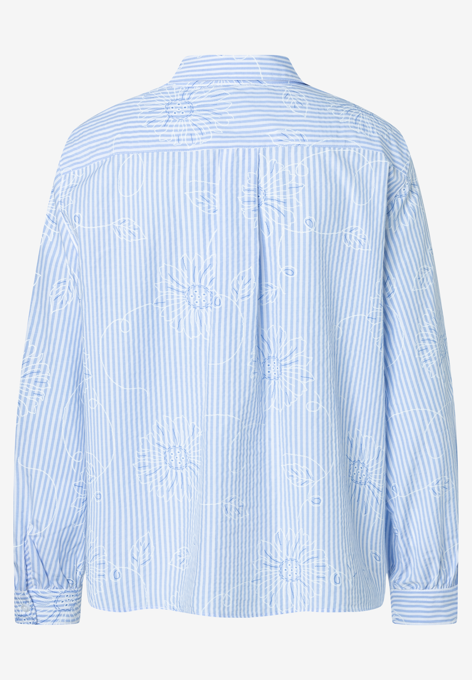 MORE & MORE Damen-Bluse aus Popeline mit blau-weiß gestreiften Längsstreifen und filigraner, blauer Blumenstickerei MORE & MORE Damen-Bluse aus Popeline mit blau-weiß gestreiften Längsstreifen und filigraner, blauer Blumenstickerei