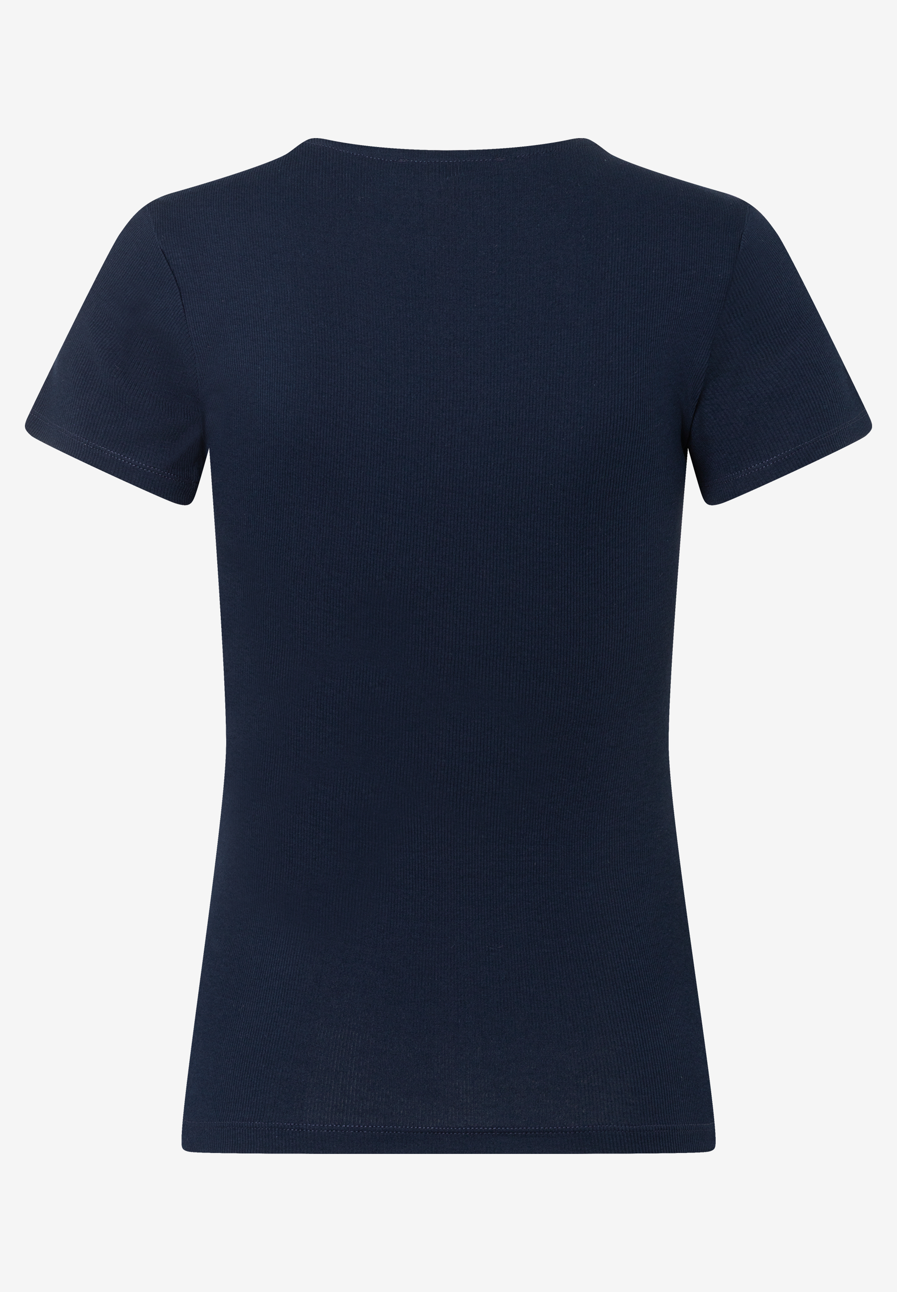 Ein geripptes, dunkelblaues MORE & MORE T-Shirt liegt vor einem weißen Hintergrund. Ein geripptes, dunkelblaues MORE & MORE T-Shirt liegt vor einem weißen Hintergrund.
