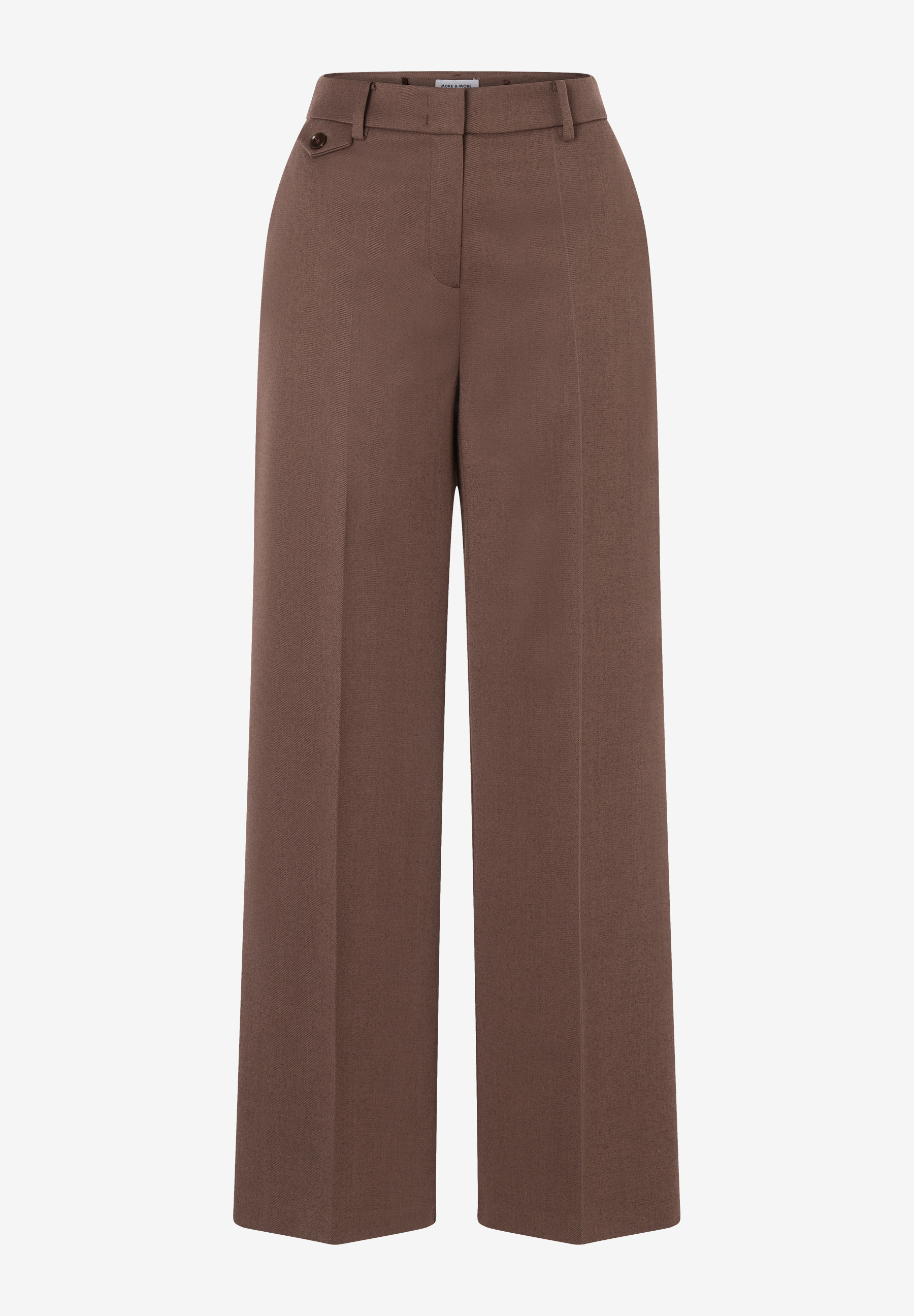 MORE & MORE Damen-Jeans: elegante, braune Marlene-Hose aus Twill mit breitem Bein, Bügelfalten und Knopfdetails am Bund.