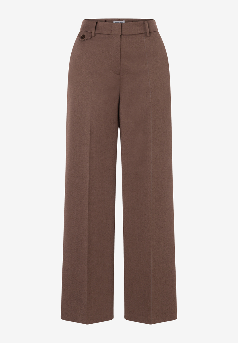MORE & MORE Damen-Jeans: elegante, braune Marlene-Hose aus Twill mit breitem Bein, Bügelfalten und Knopfdetails am Bund. MORE & MORE Damen-Jeans: elegante, braune Marlene-Hose aus Twill mit breitem Bein, Bügelfalten und Knopfdetails am Bund.